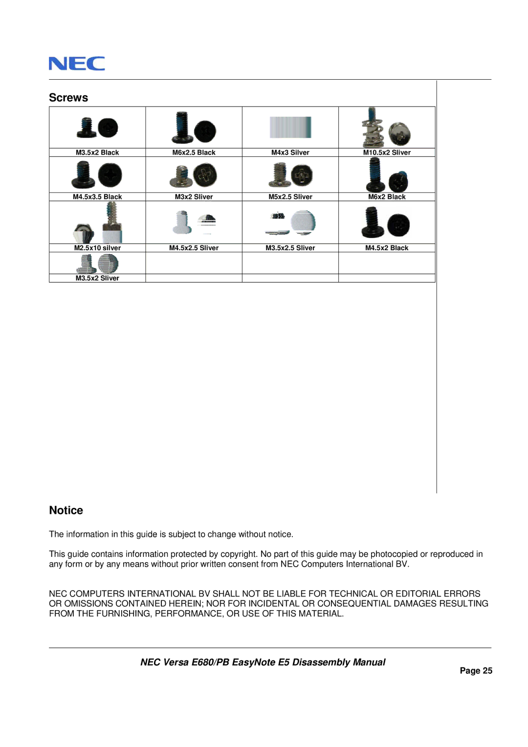 Packard Bell E680 manual Screws 