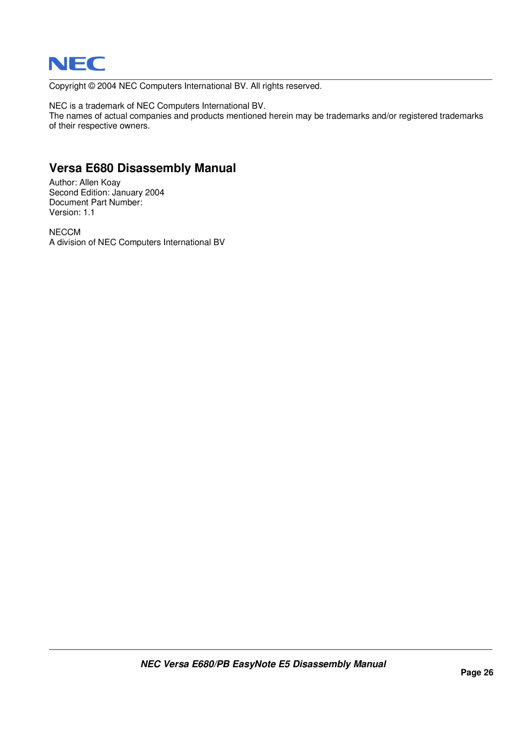 Packard Bell manual Versa E680 Disassembly Manual 