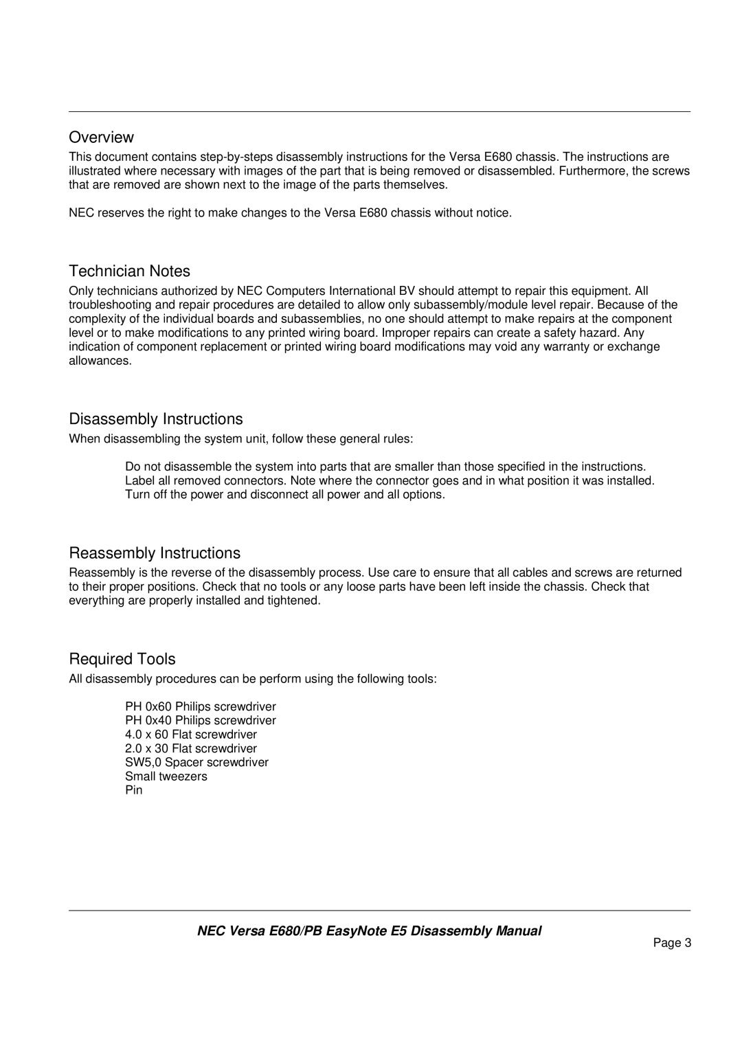 Packard Bell E680 manual Overview, Technician Notes, Disassembly Instructions, Reassembly Instructions, Required Tools 