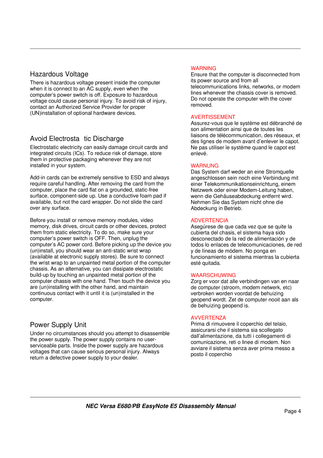 Packard Bell E680 manual Hazardous Voltage, Avoid Electrostatic Discharge, Power Supply Unit 