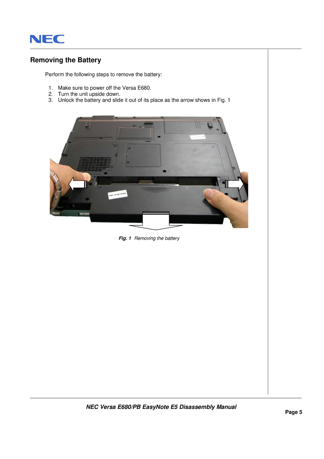 Packard Bell E680 manual Removing the Battery, Removing the battery 