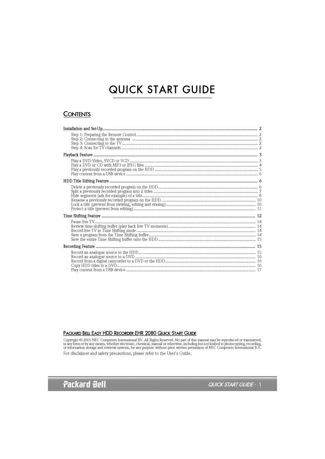 Packard Bell EHR 2080 quick start Quick Start Guide, Contents 