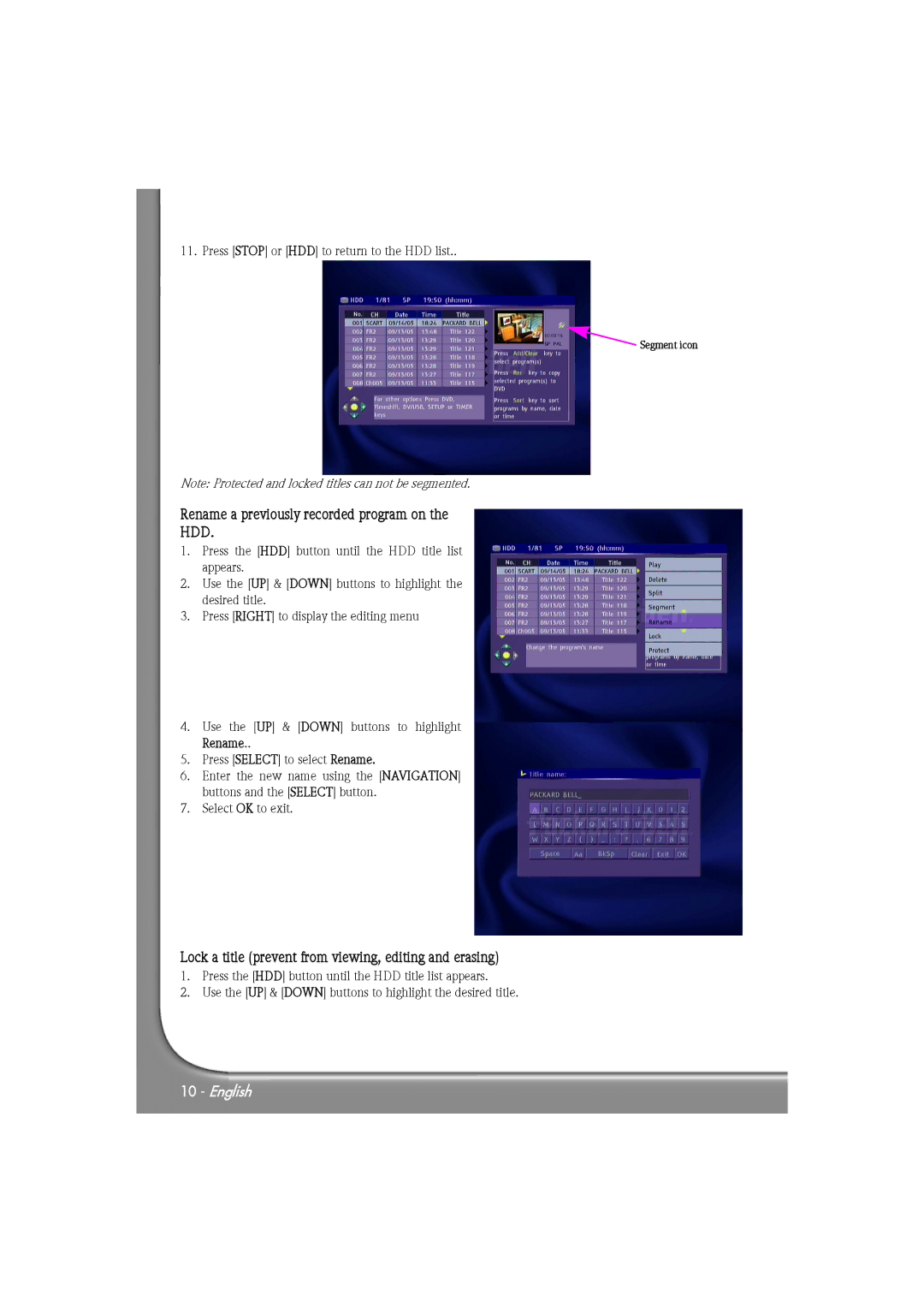 Packard Bell EHR 2080 Rename a previously recorded program on, Hdd, Lock a title prevent from viewing, editing and erasing 