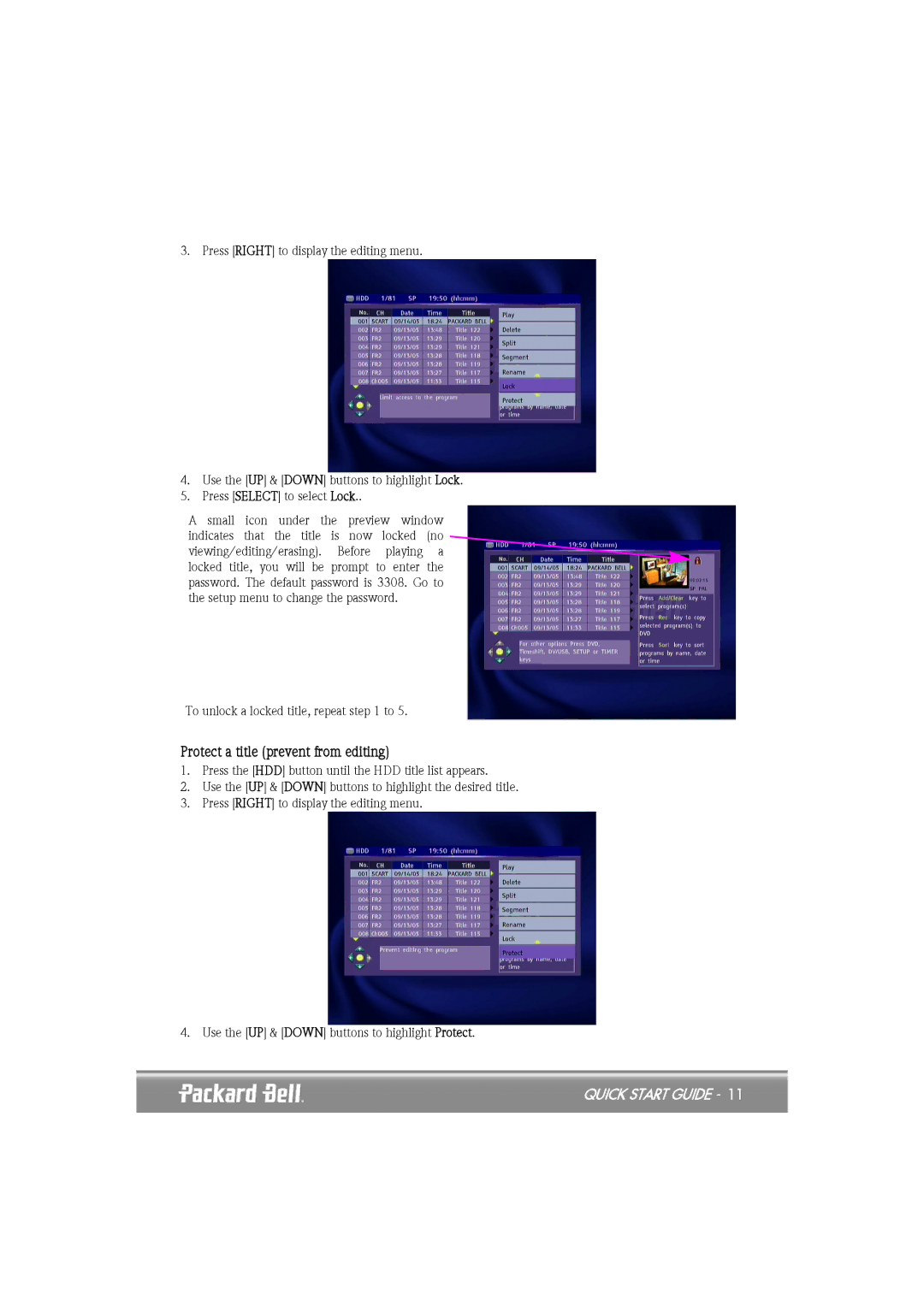 Packard Bell EHR 2080 quick start Protect a title prevent from editing 