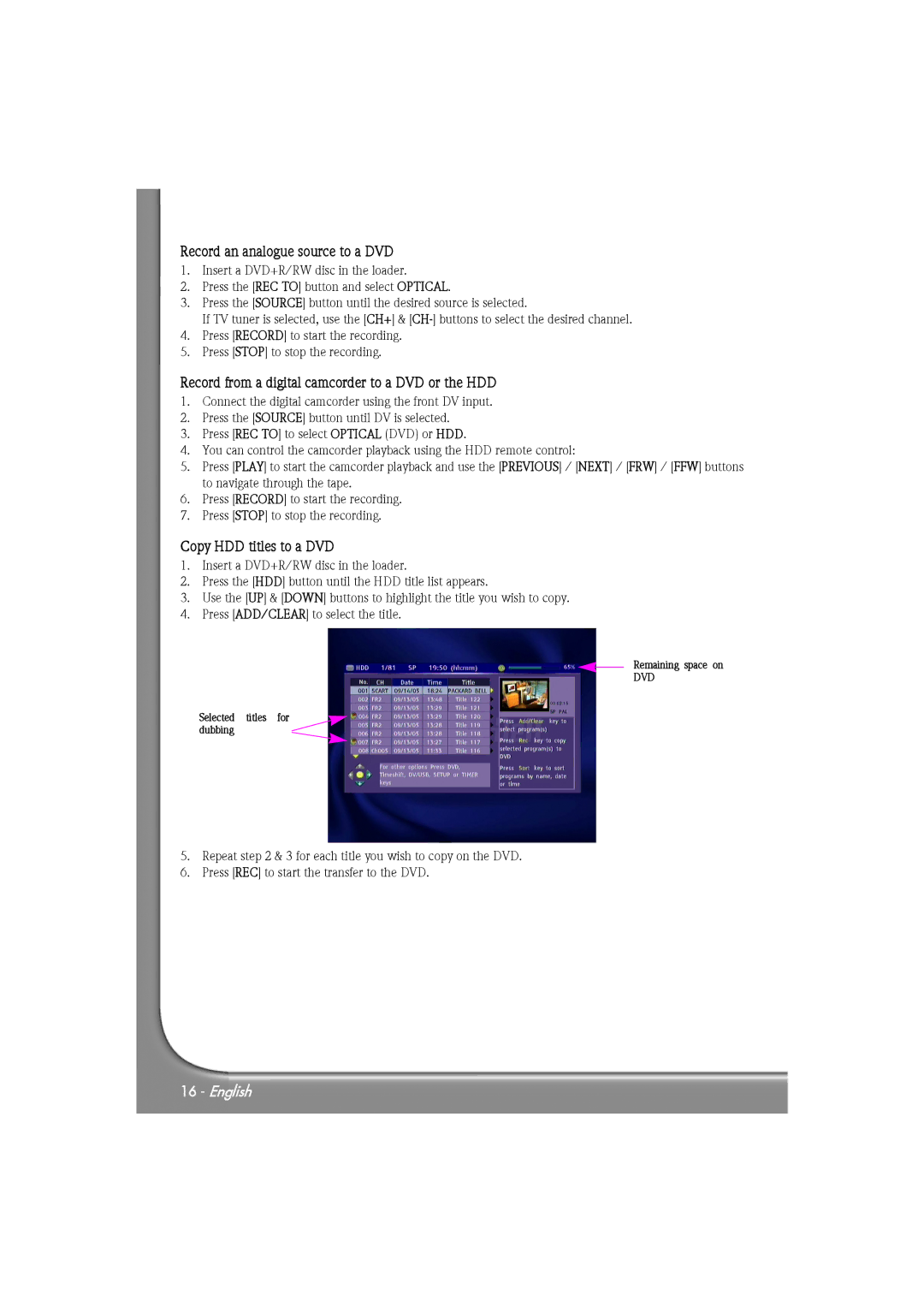 Packard Bell EHR 2080 quick start Record an analogue source to a DVD, Record from a digital camcorder to a DVD or the HDD 