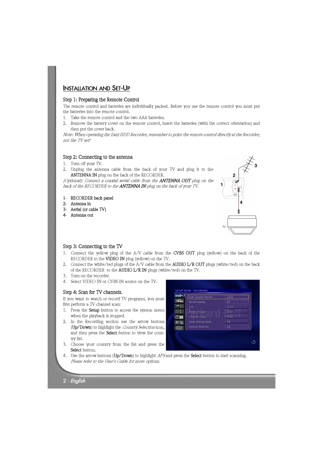 Packard Bell EHR 2080 quick start Installation and SET-UP, Preparing the Remote Control, Connecting to the antenna 