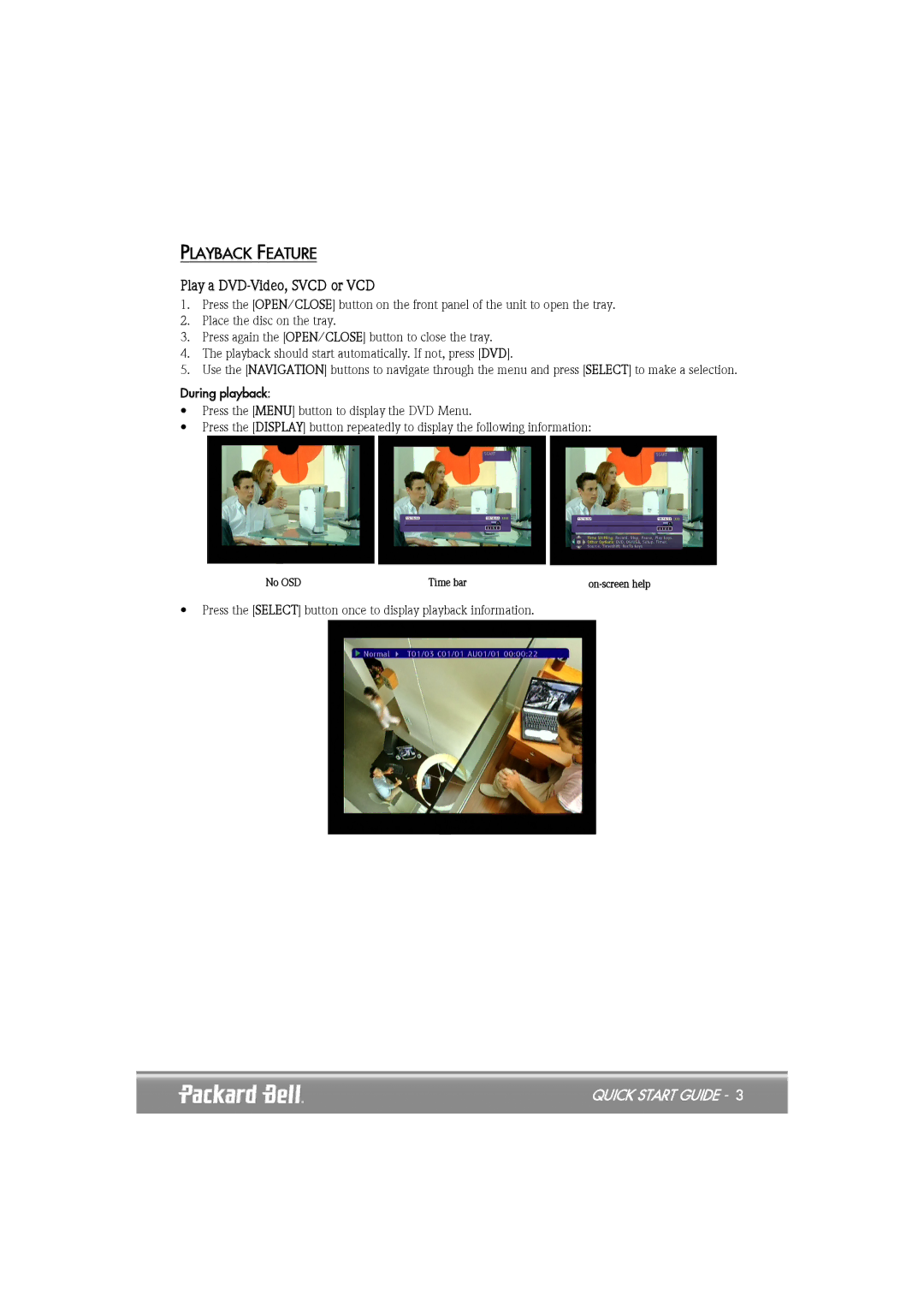 Packard Bell EHR 2080 quick start Playback Feature, Play a DVD-Video, Svcd or VCD 