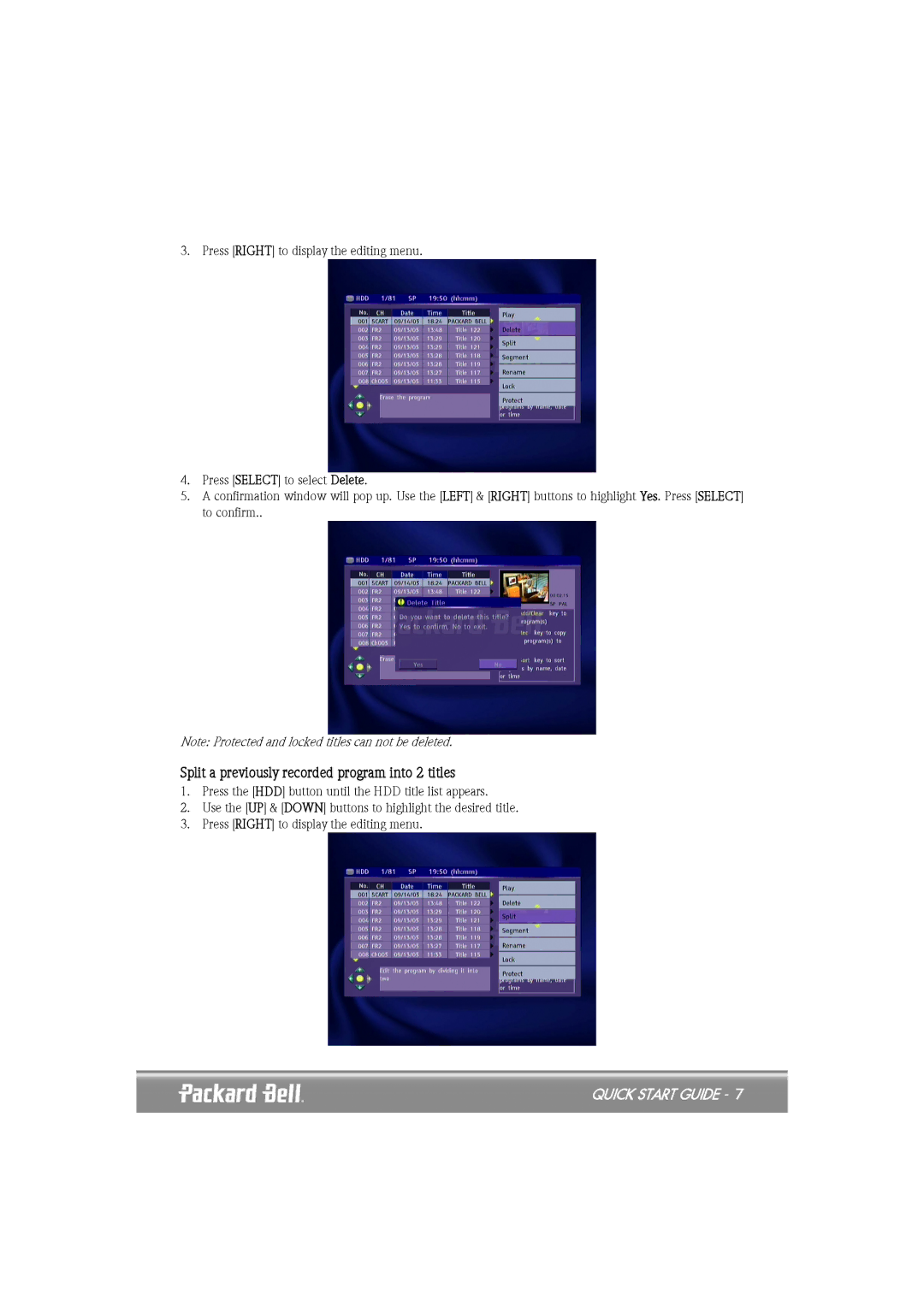 Packard Bell EHR 2080 quick start Split a previously recorded program into 2 titles 