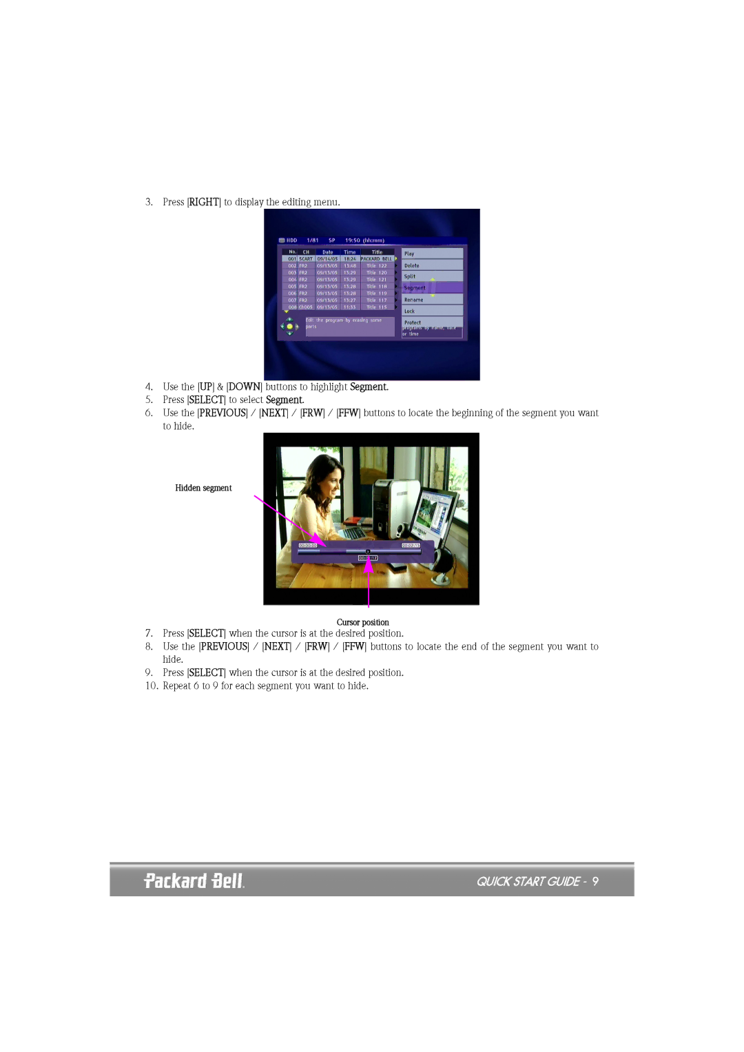 Packard Bell EHR 2080 quick start Hidden segment Cursor position 