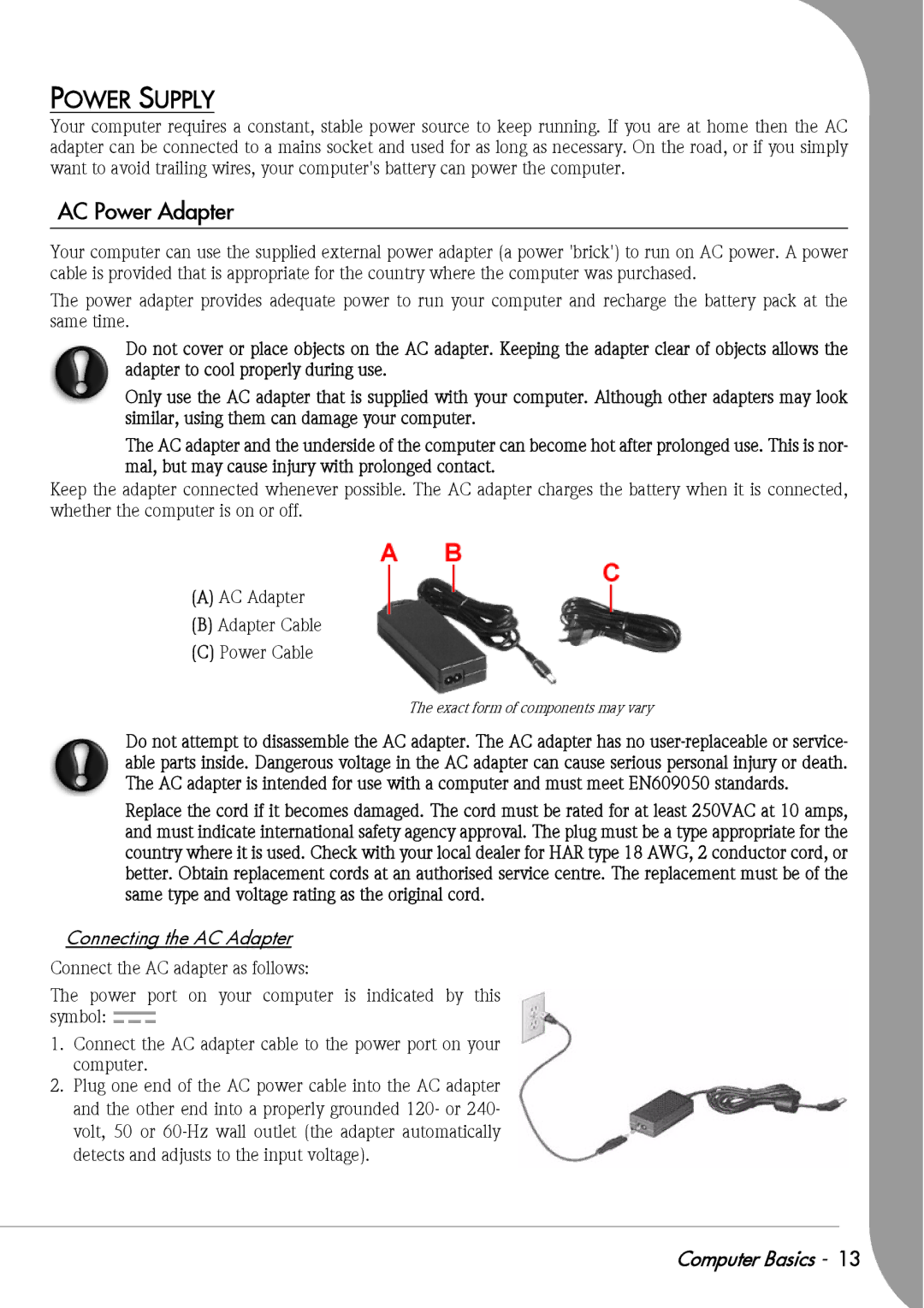 Packard Bell F10 manual Power Supply, AC Power Adapter, Connecting the AC Adapter 