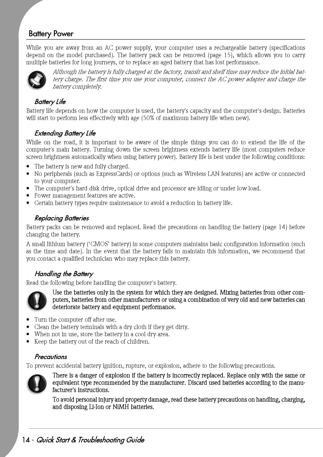 Packard Bell F10 manual Battery Power, Extending Battery Life, Replacing Batteries, Handling the Battery 