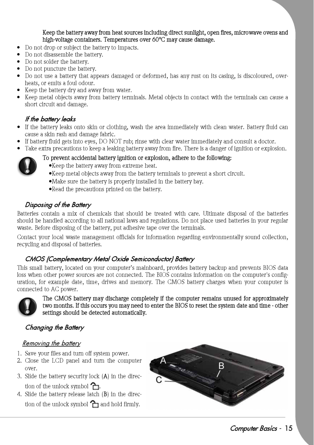 Packard Bell F10 If the battery leaks, Disposing of the Battery, Cmos Complementary Metal Oxide Semiconductor Battery 