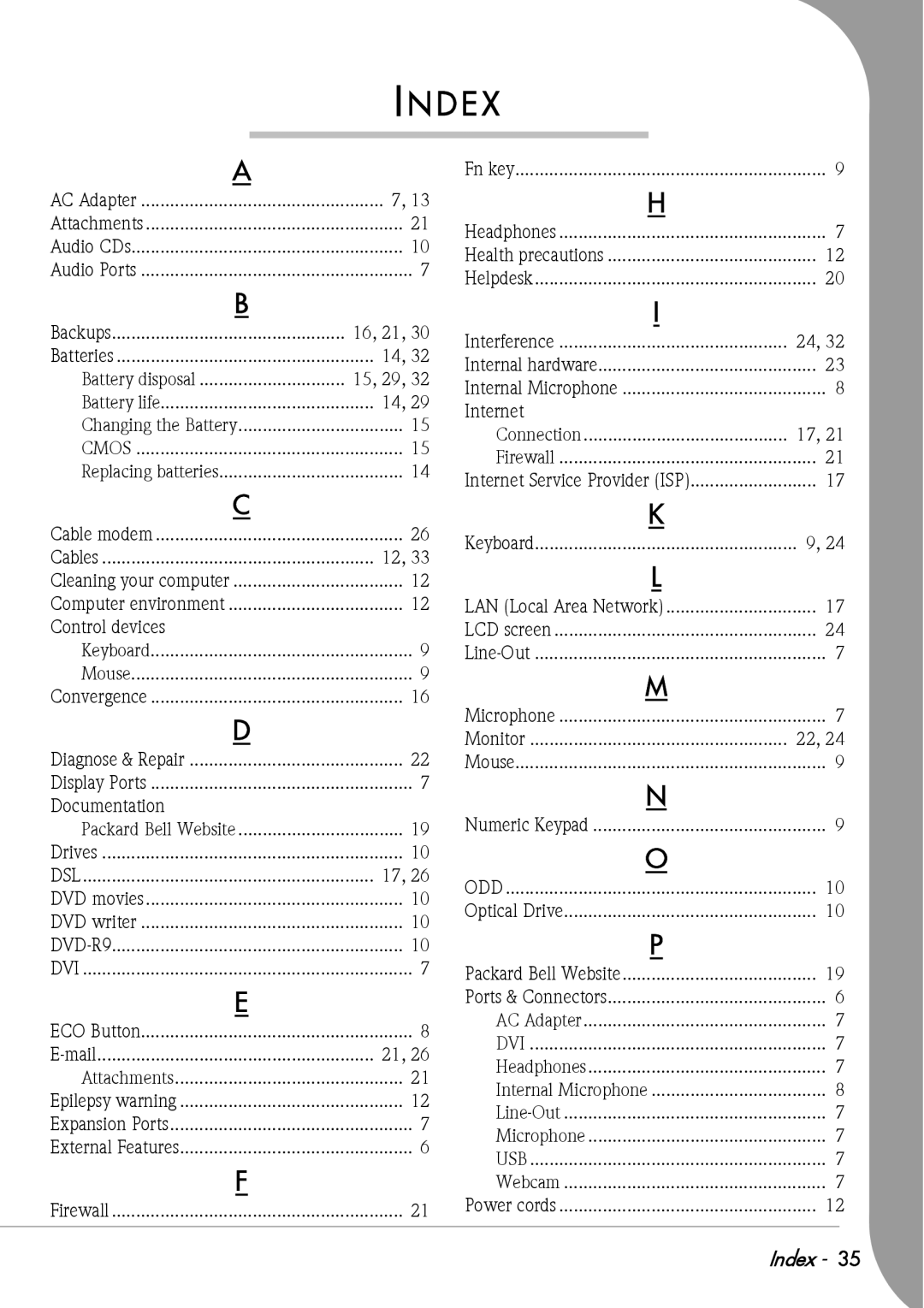 Packard Bell F10 manual D E, Internet, Control devices, Microphone, Documentation Numeric Keypad 