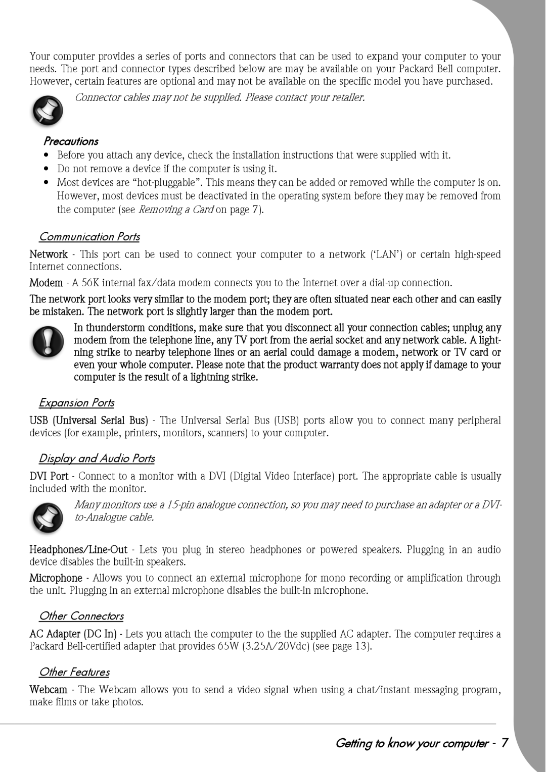 Packard Bell F10 manual Precautions, Communication Ports, Expansion Ports, Display and Audio Ports 