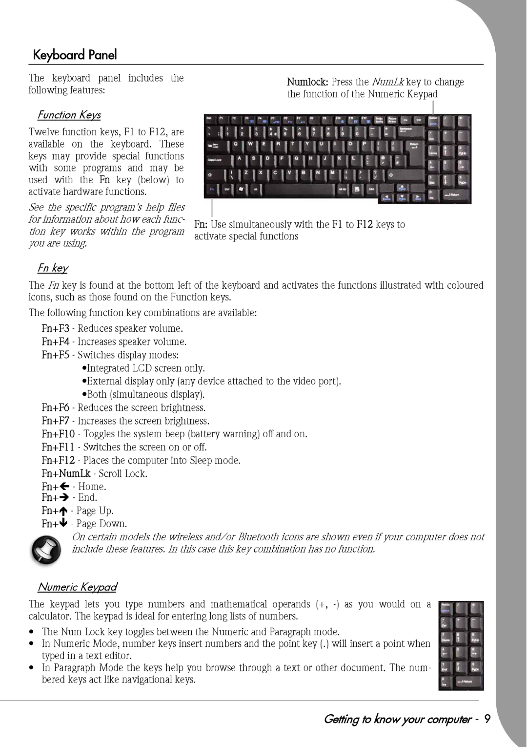 Packard Bell F10 manual Keyboard Panel, Keyboard panel includes the following features, Function Keys 