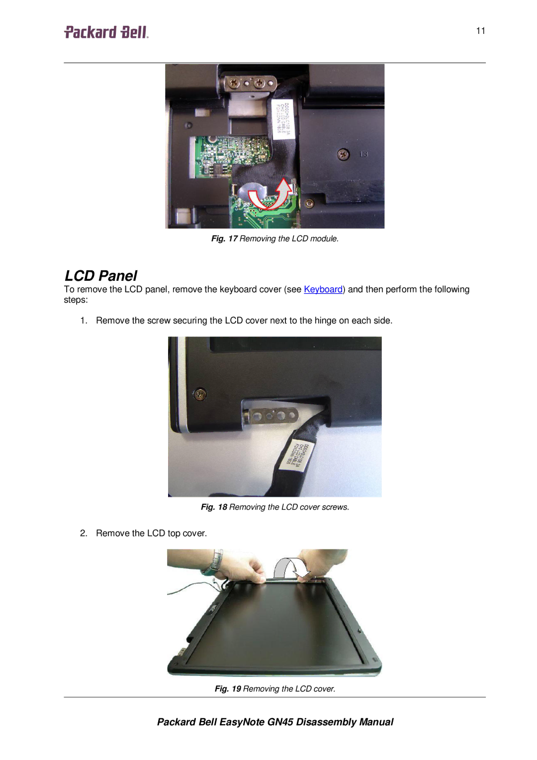 Packard Bell GN45 manual LCD Panel, Removing the LCD module 