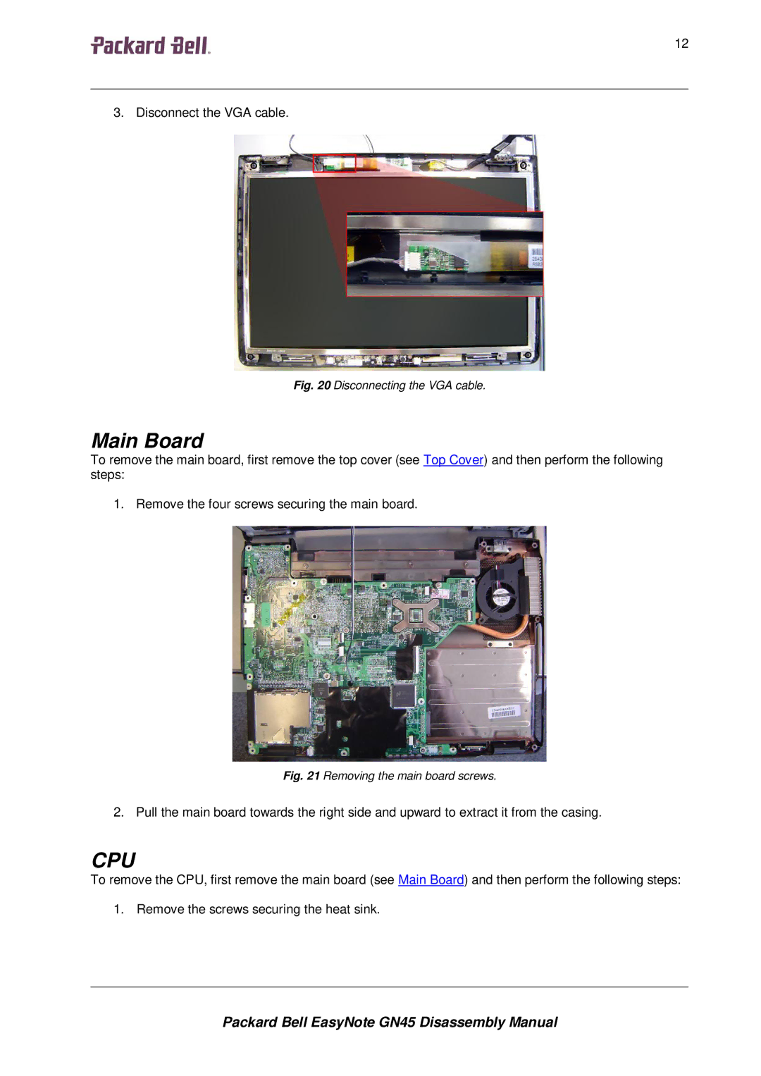 Packard Bell GN45 manual Main Board, Cpu 