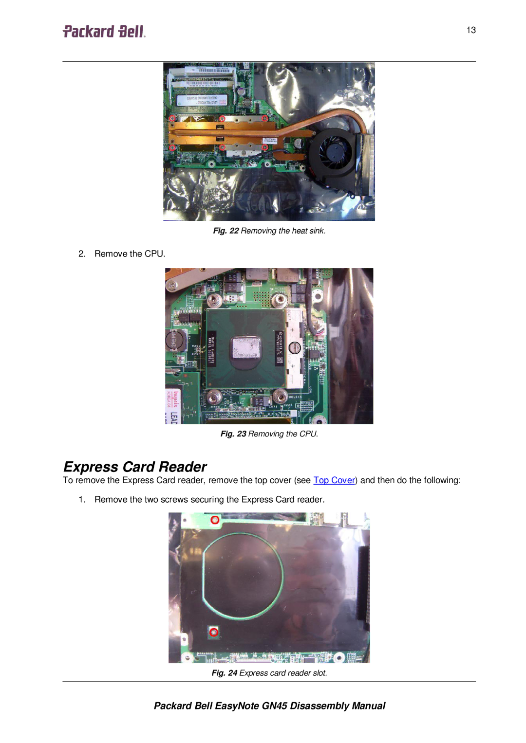 Packard Bell GN45 manual Express Card Reader, Removing the heat sink 