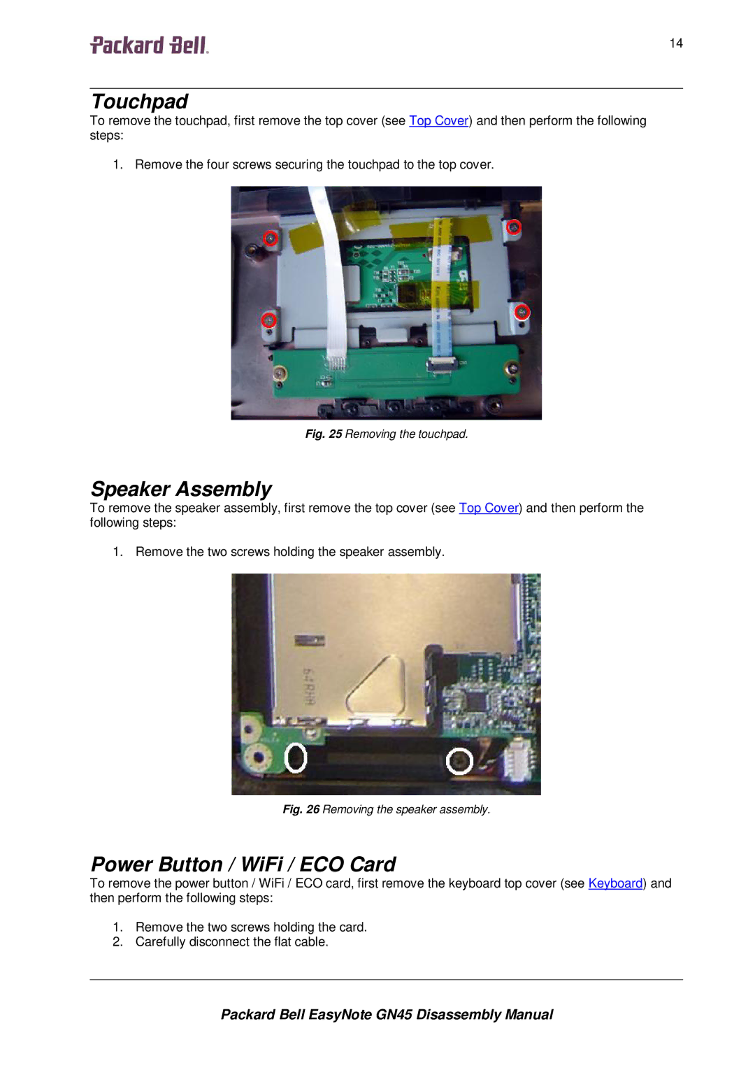 Packard Bell GN45 manual Touchpad, Speaker Assembly, Power Button / WiFi / ECO Card 