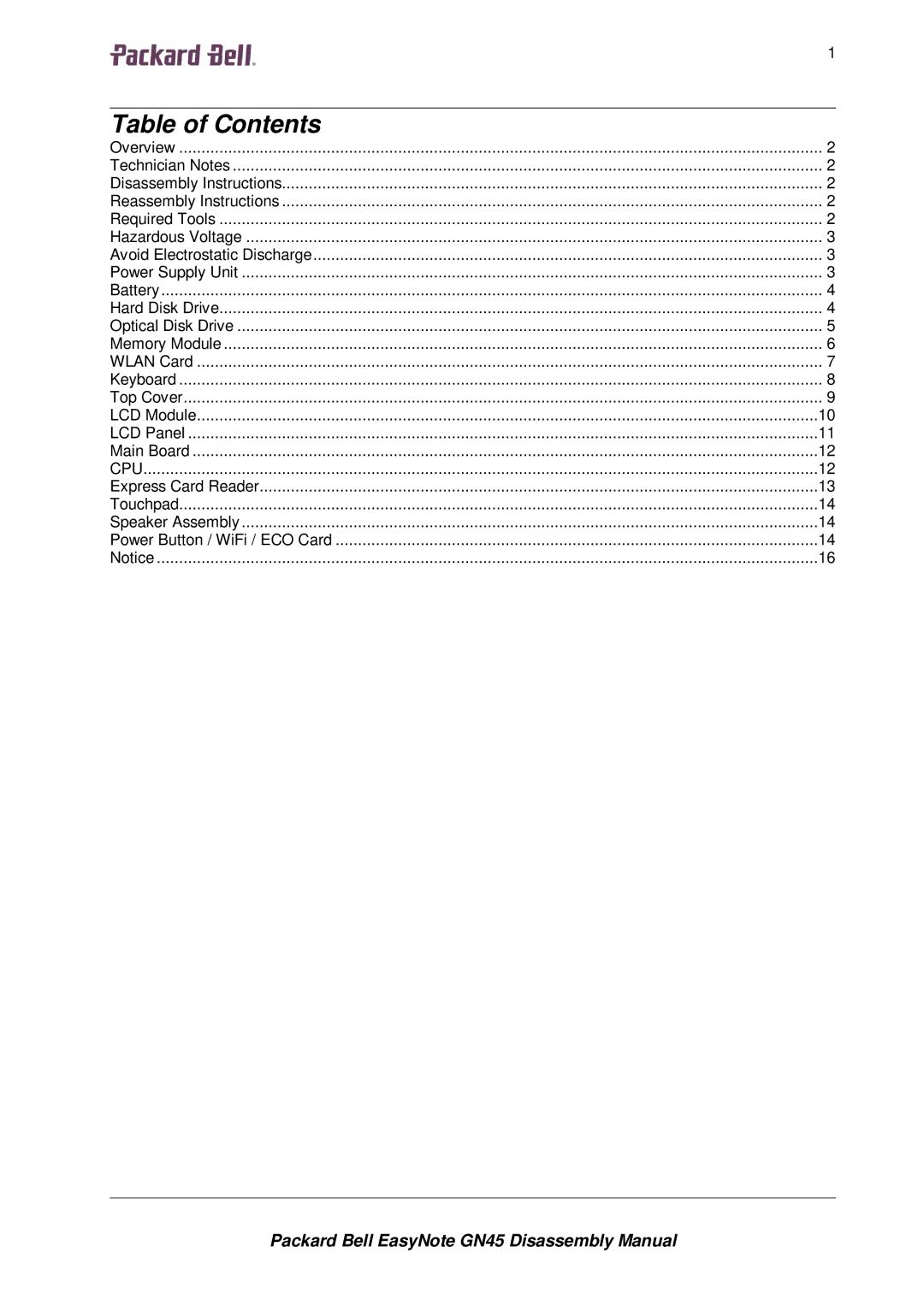 Packard Bell GN45 manual Table of Contents 