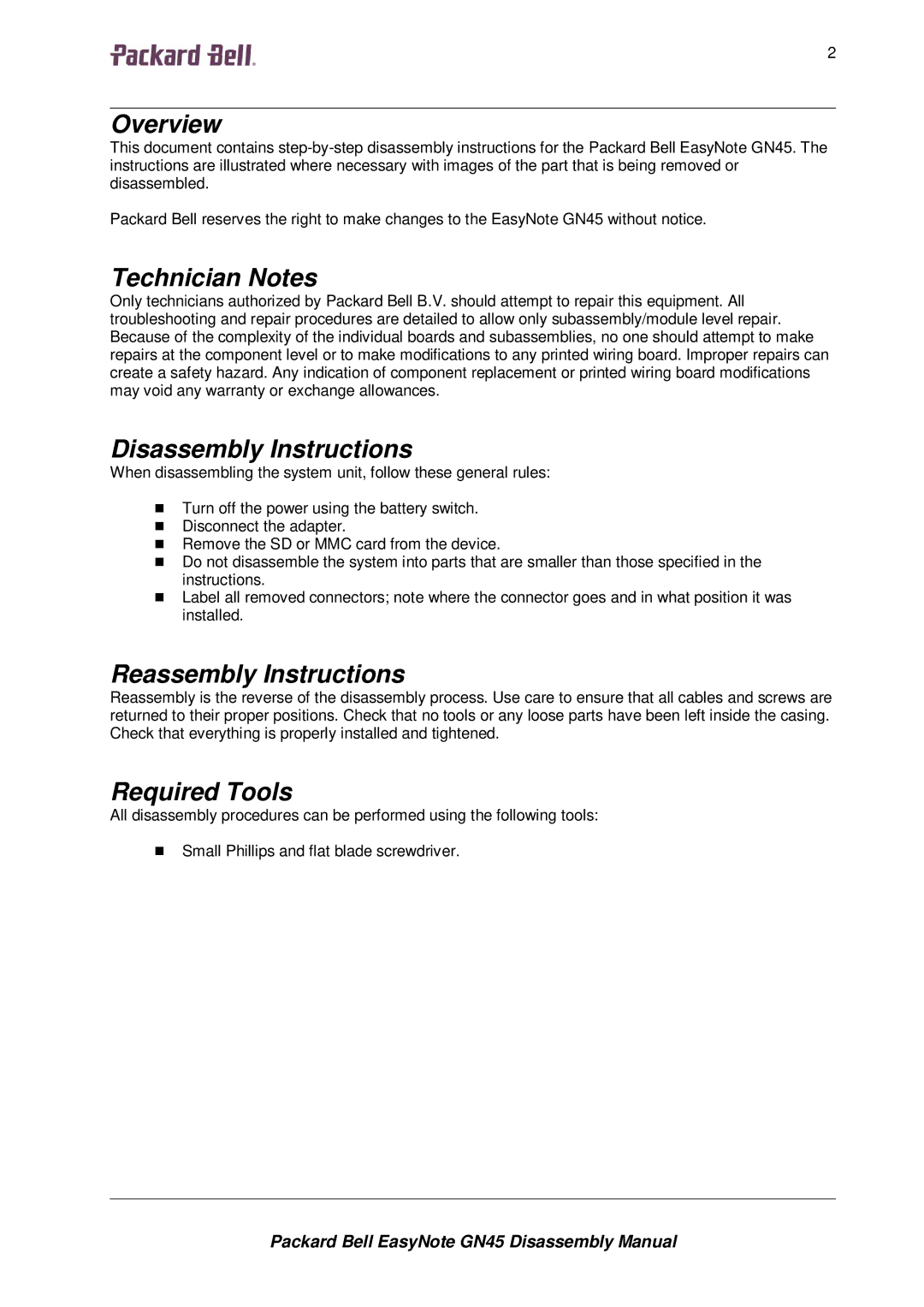 Packard Bell GN45 manual Overview, Technician Notes, Disassembly Instructions, Reassembly Instructions, Required Tools 