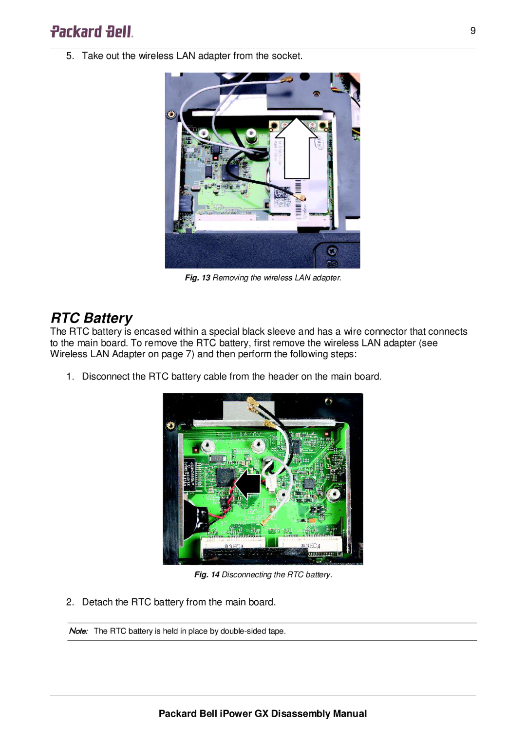 Packard Bell GX manual RTC Battery, Removing the wireless LAN adapter 