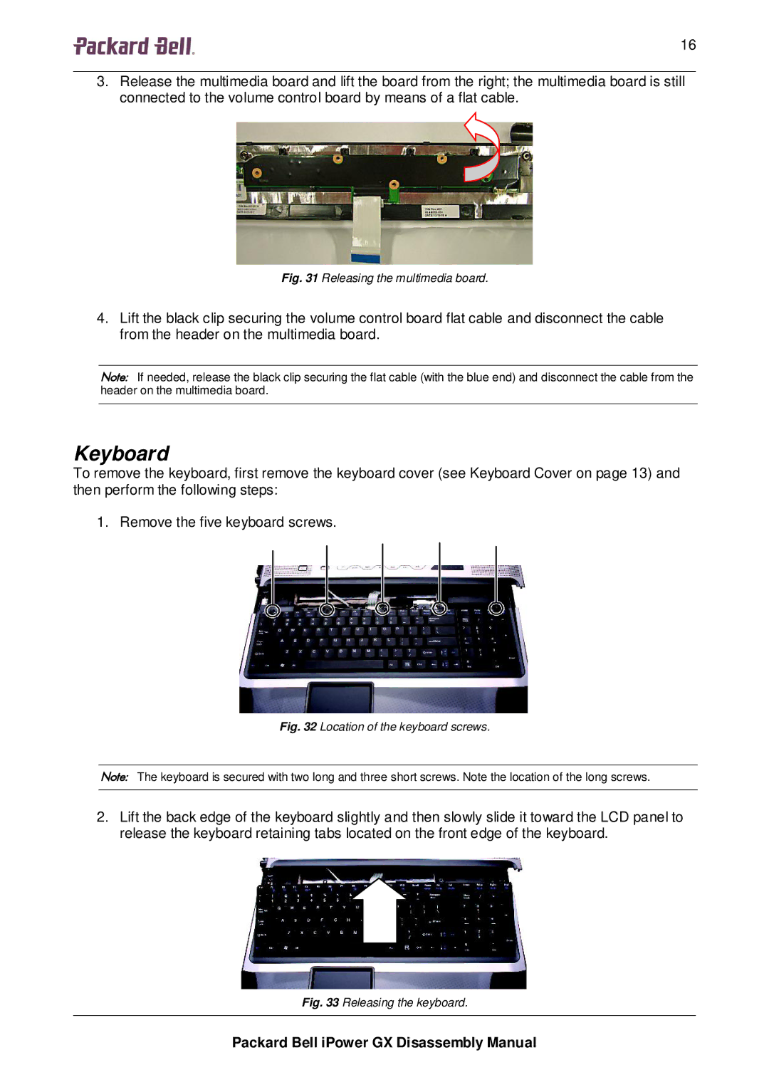 Packard Bell GX manual Keyboard, Releasing the multimedia board 