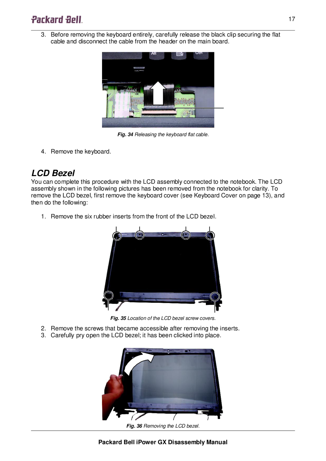 Packard Bell GX manual LCD Bezel, Releasing the keyboard flat cable 