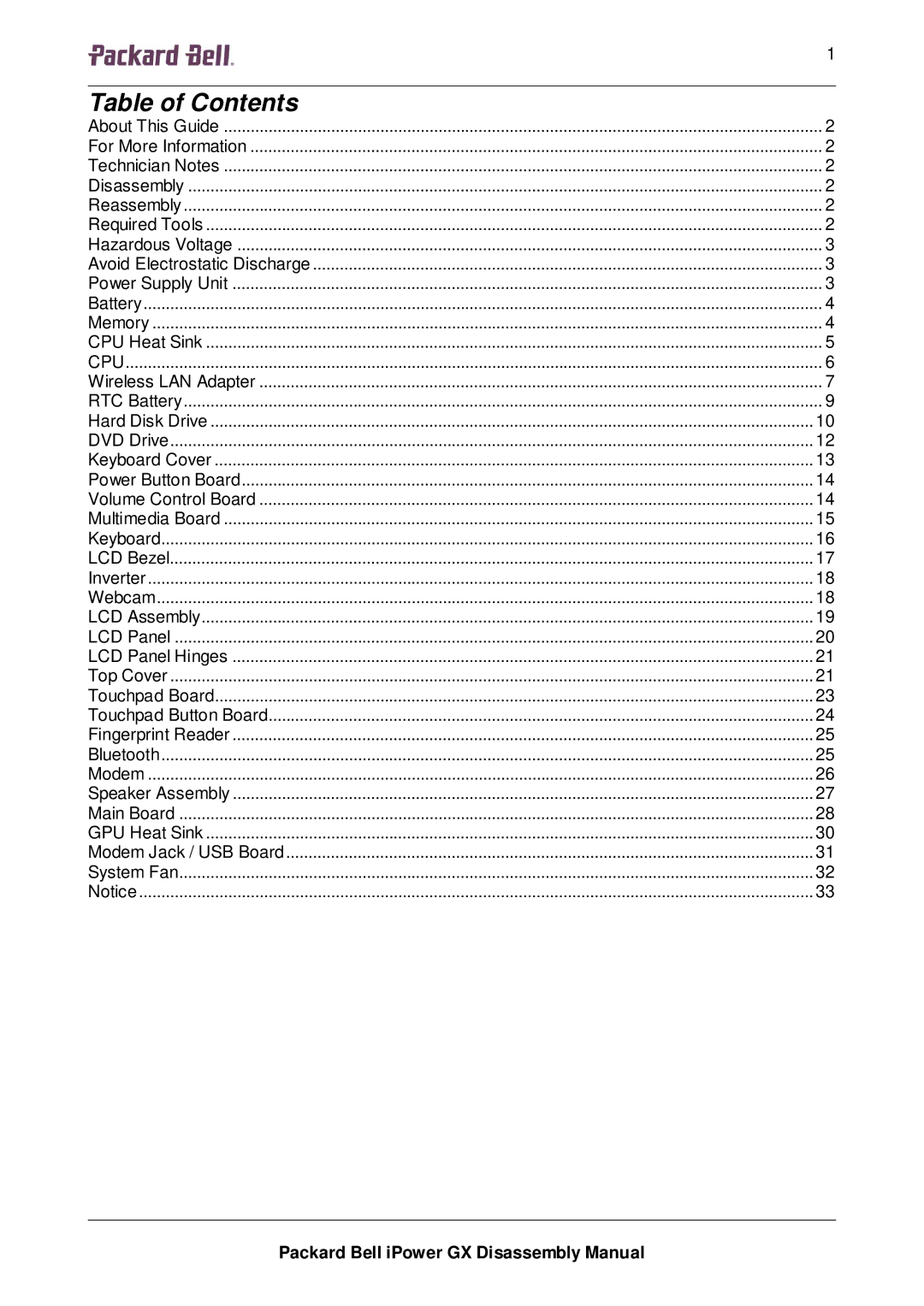 Packard Bell GX manual Table of Contents 