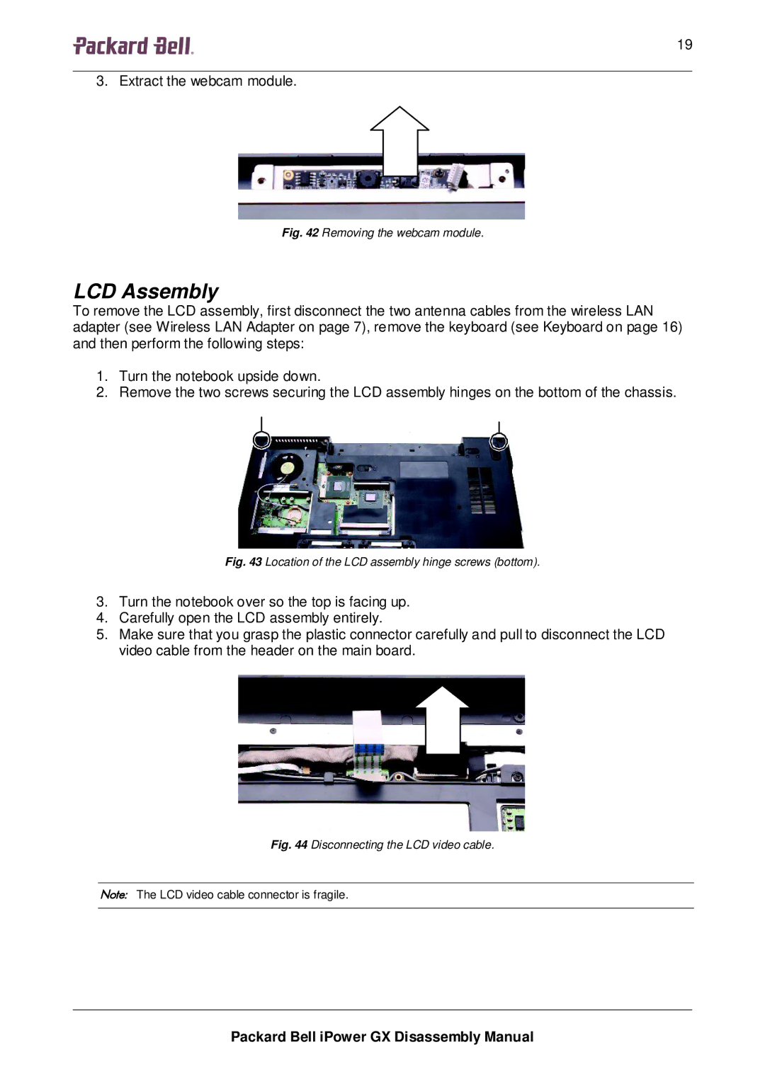 Packard Bell GX manual LCD Assembly, Removing the webcam module 