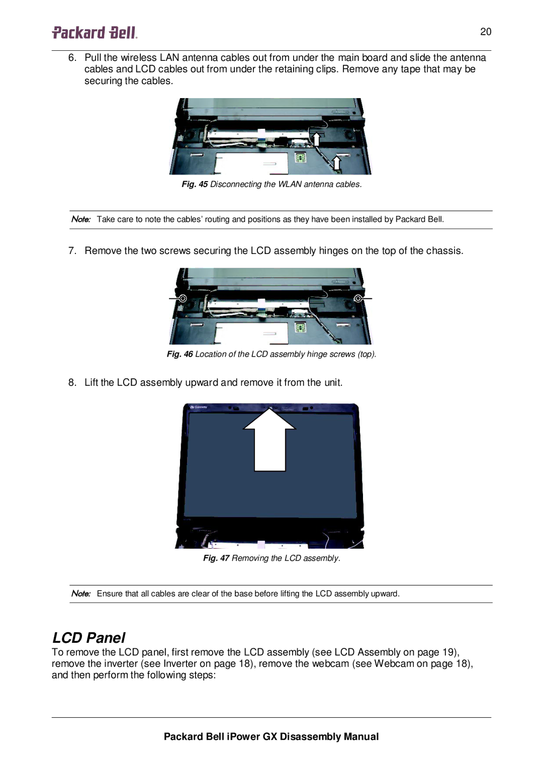 Packard Bell GX manual LCD Panel, Disconnecting the Wlan antenna cables 