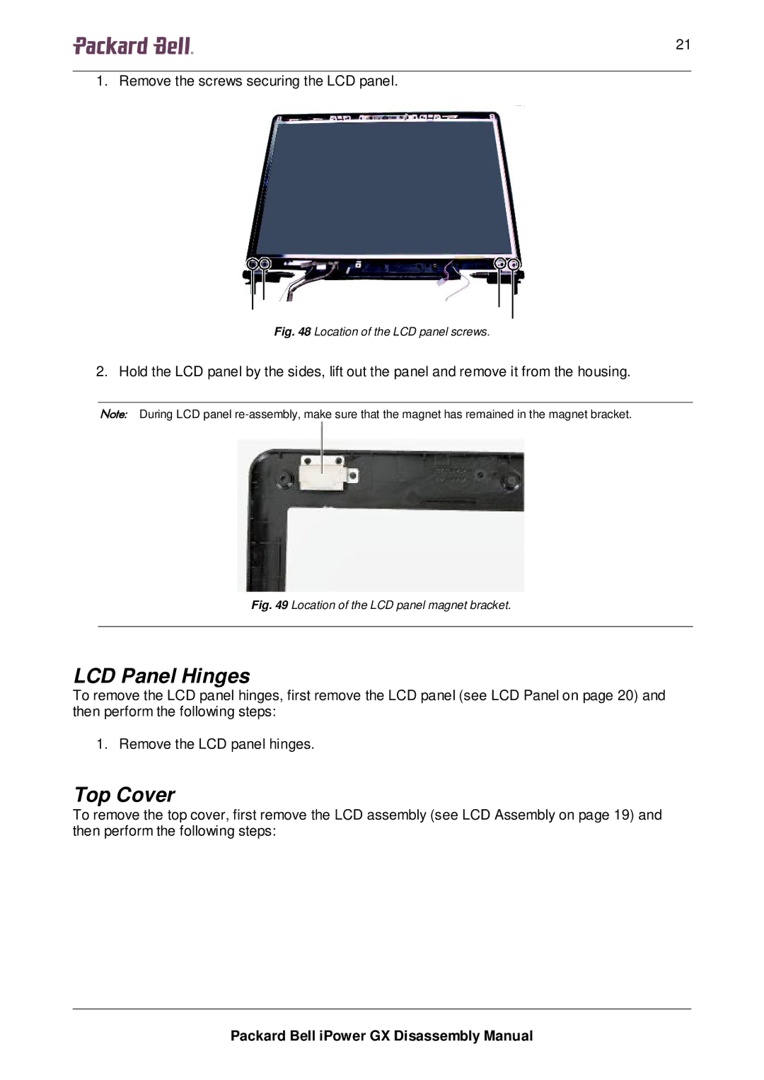 Packard Bell GX manual LCD Panel Hinges, Top Cover 