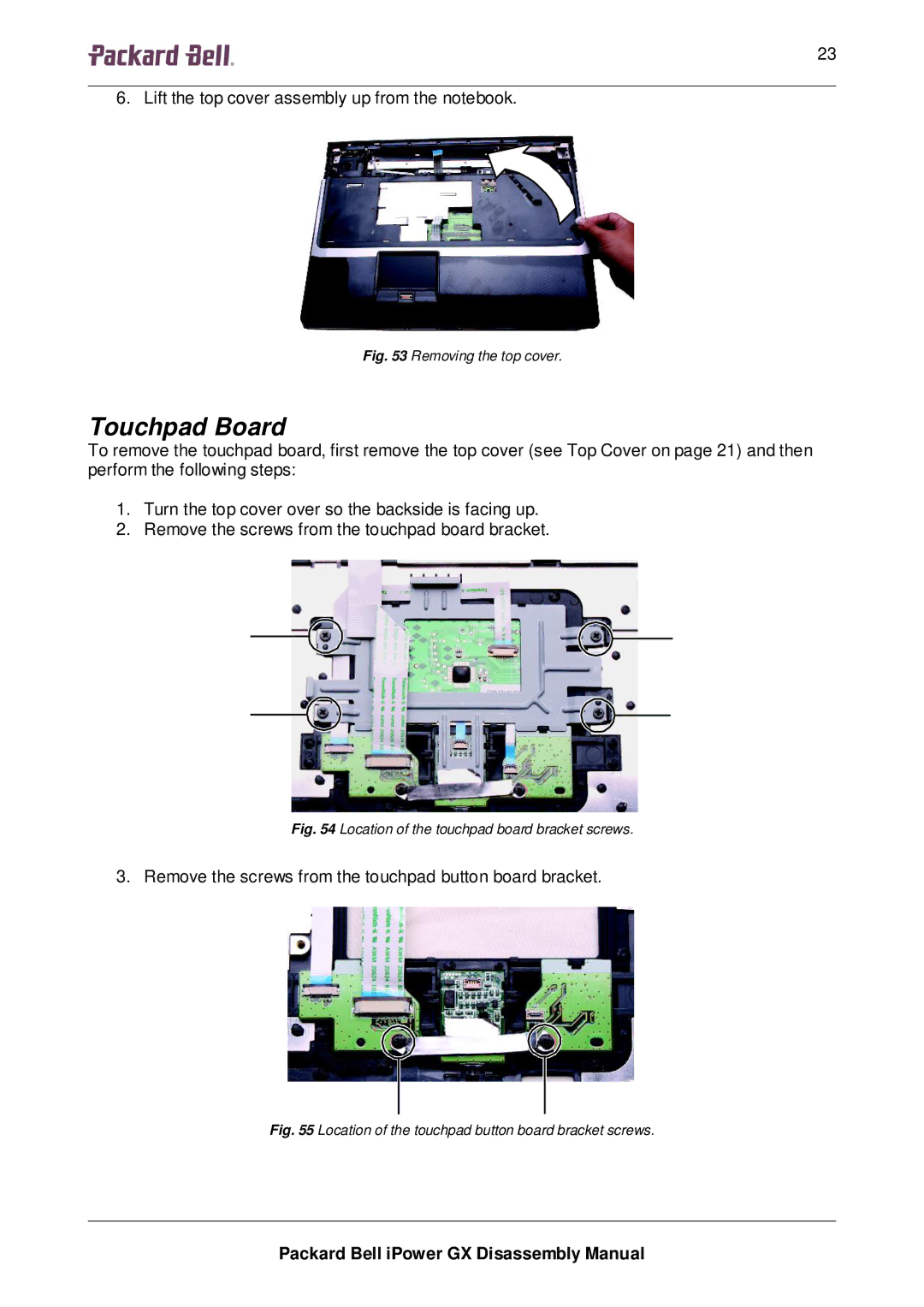 Packard Bell GX manual Touchpad Board, Removing the top cover 