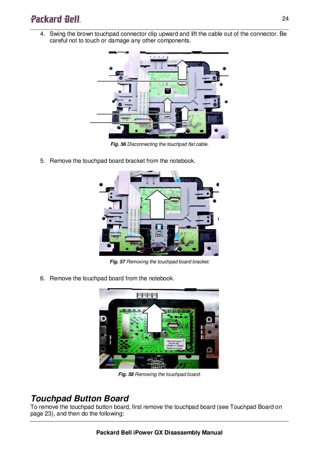 Packard Bell GX manual Touchpad Button Board, Disconnecting the touchpad flat cable 