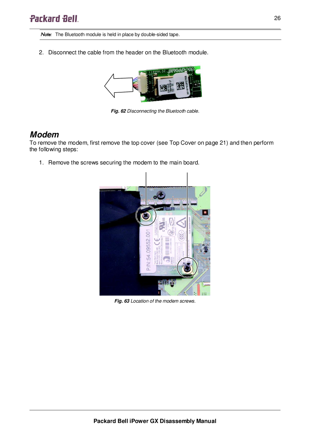 Packard Bell GX manual Modem, Disconnecting the Bluetooth cable 