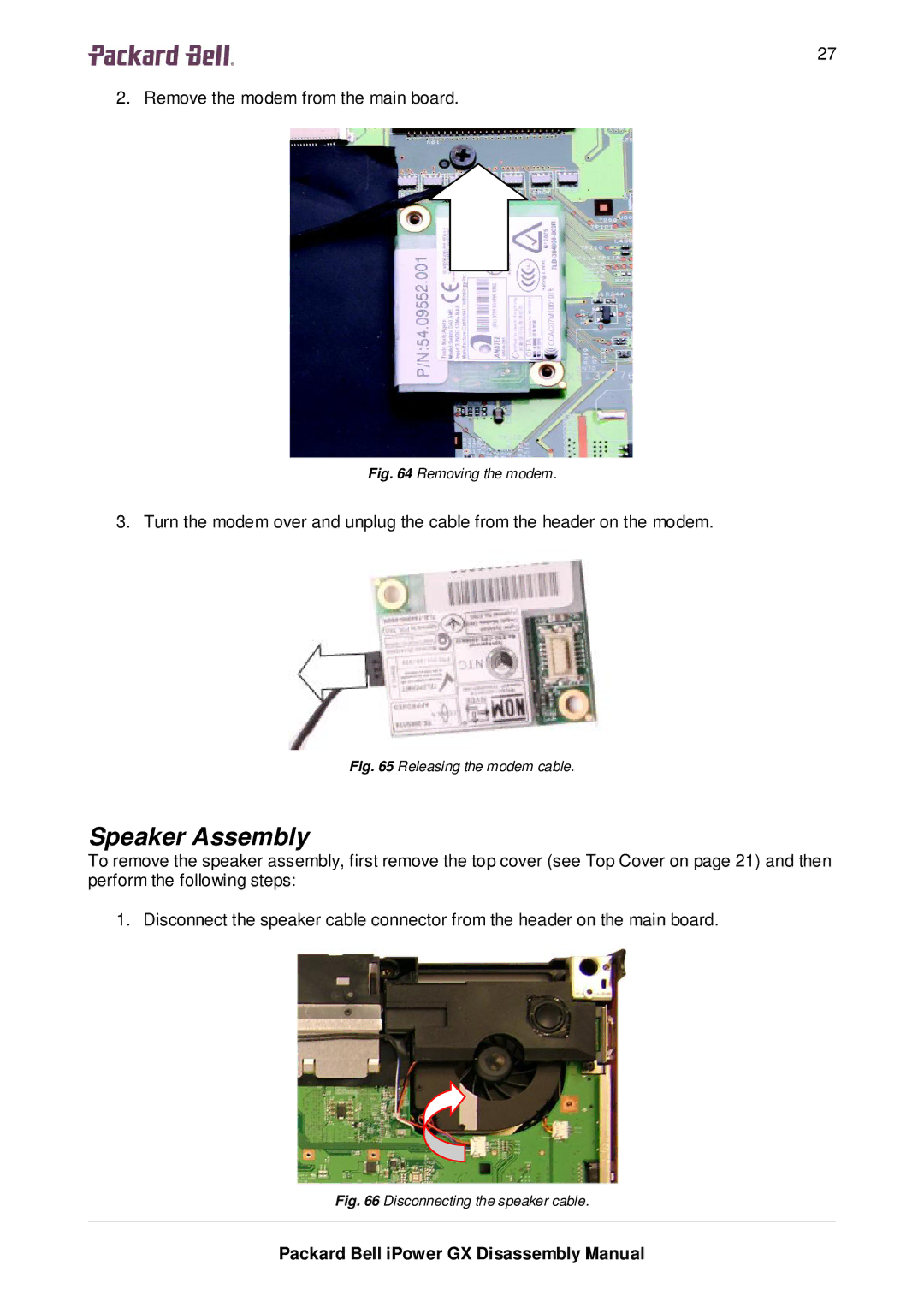 Packard Bell GX manual Speaker Assembly, Removing the modem 