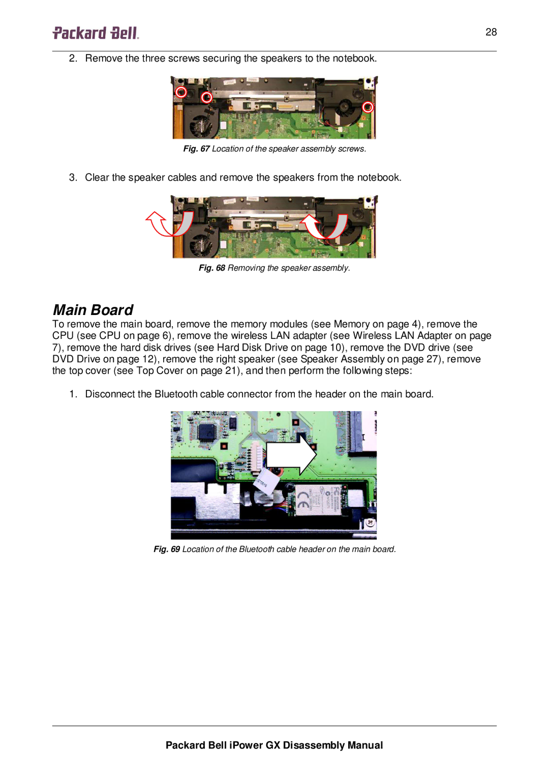 Packard Bell GX manual Main Board, Location of the speaker assembly screws 