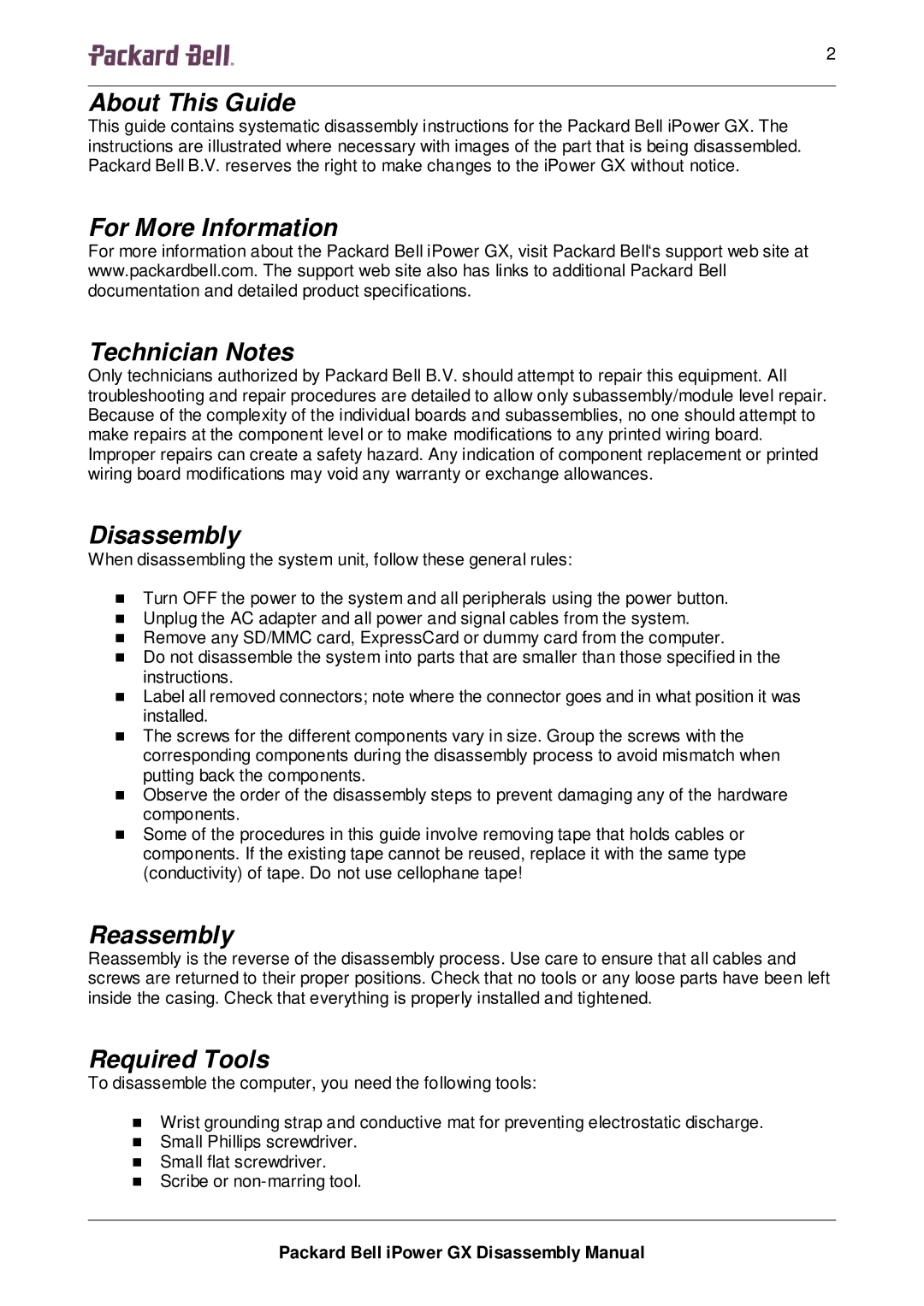 Packard Bell GX manual About This Guide, For More Information Technician Notes, Disassembly, Reassembly, Required Tools 