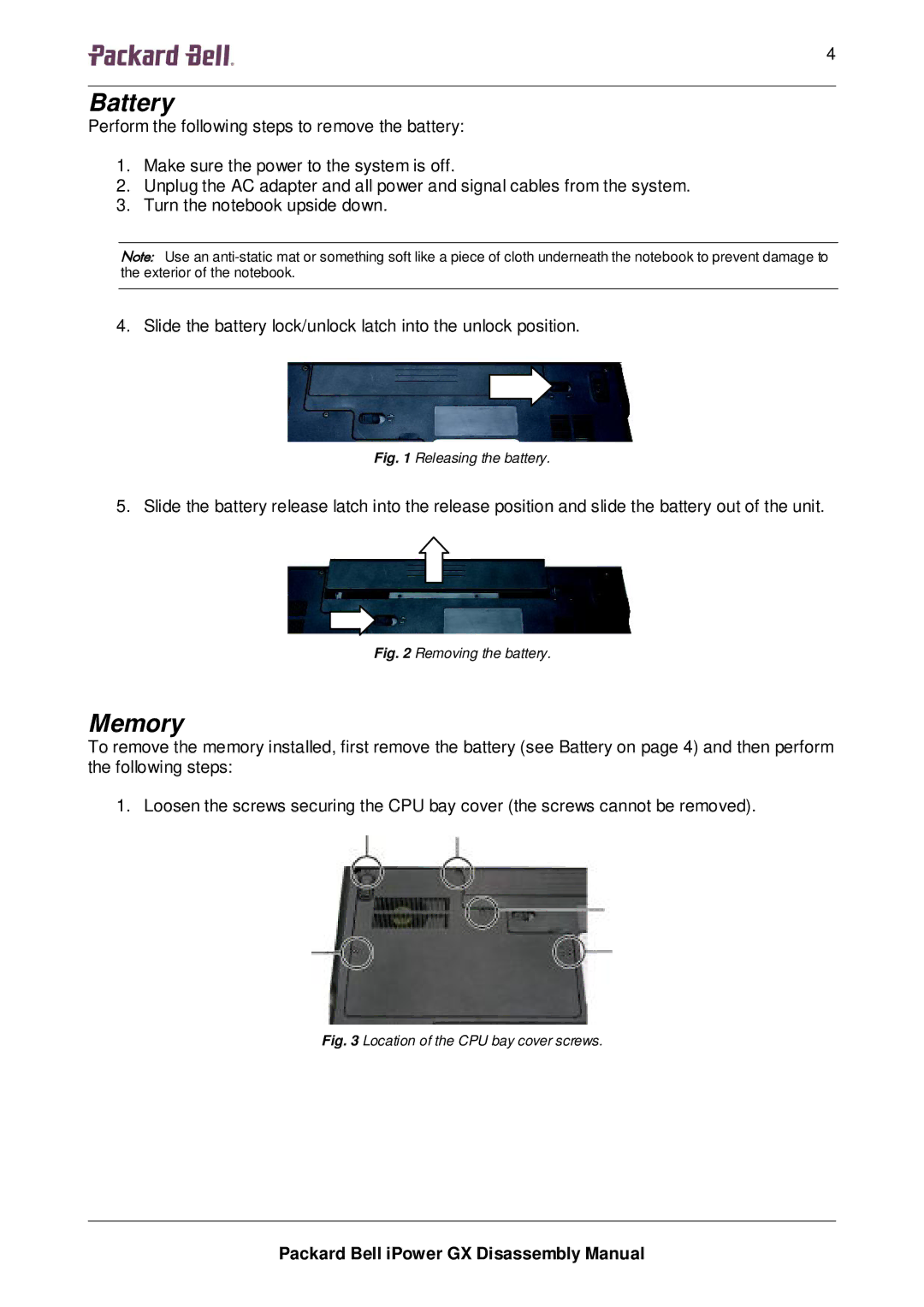 Packard Bell GX manual Battery, Memory 