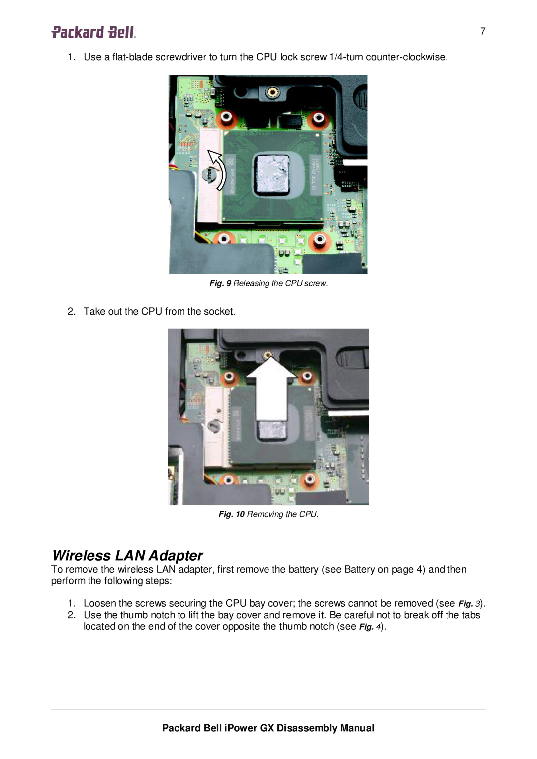 Packard Bell GX manual Wireless LAN Adapter, Releasing the CPU screw 