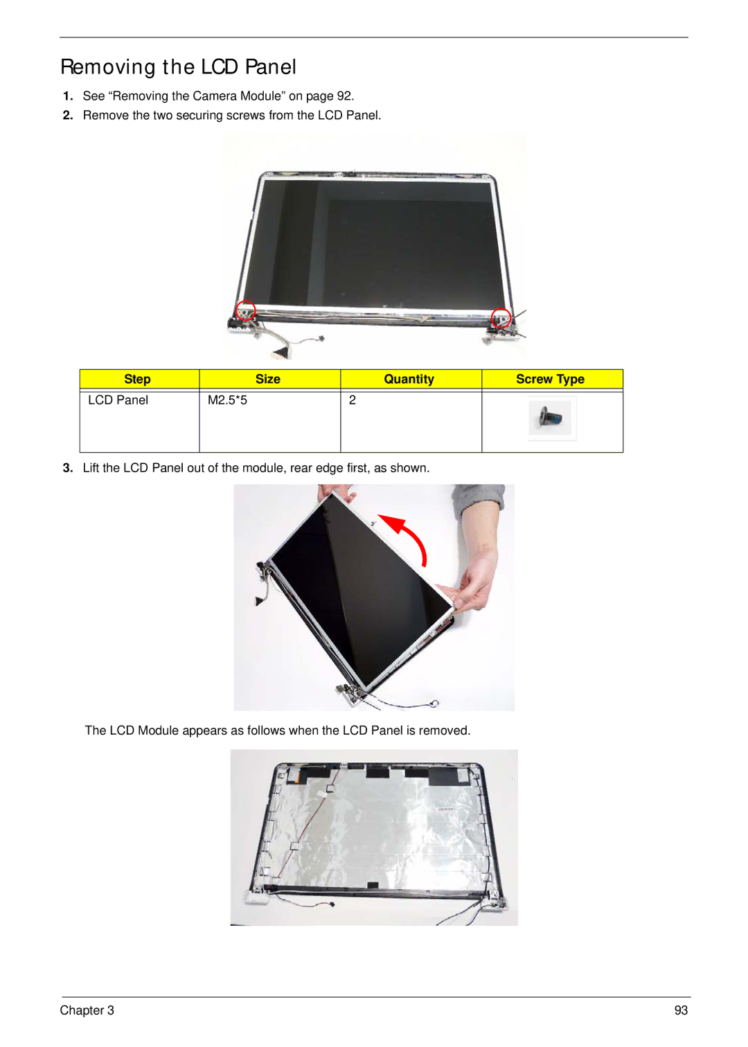 Packard Bell LJ61 manual Removing the LCD Panel, Step Size Quantity Screw Type LCD Panel M2.5*5 