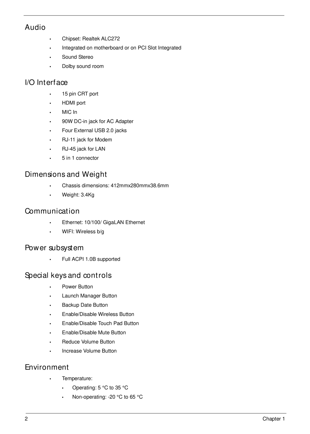 Packard Bell LJ61 manual Audio, Interface, Dimensions and Weight, Communication, Power subsystem, Special keys and controls 