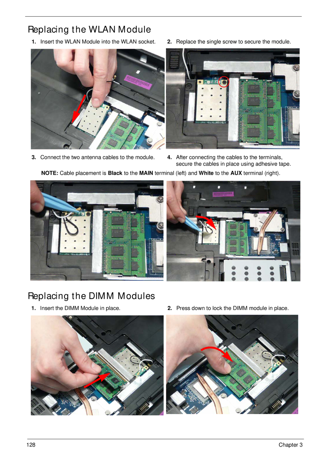 Packard Bell LJ61 manual Replacing the Wlan Module, Replacing the Dimm Modules 