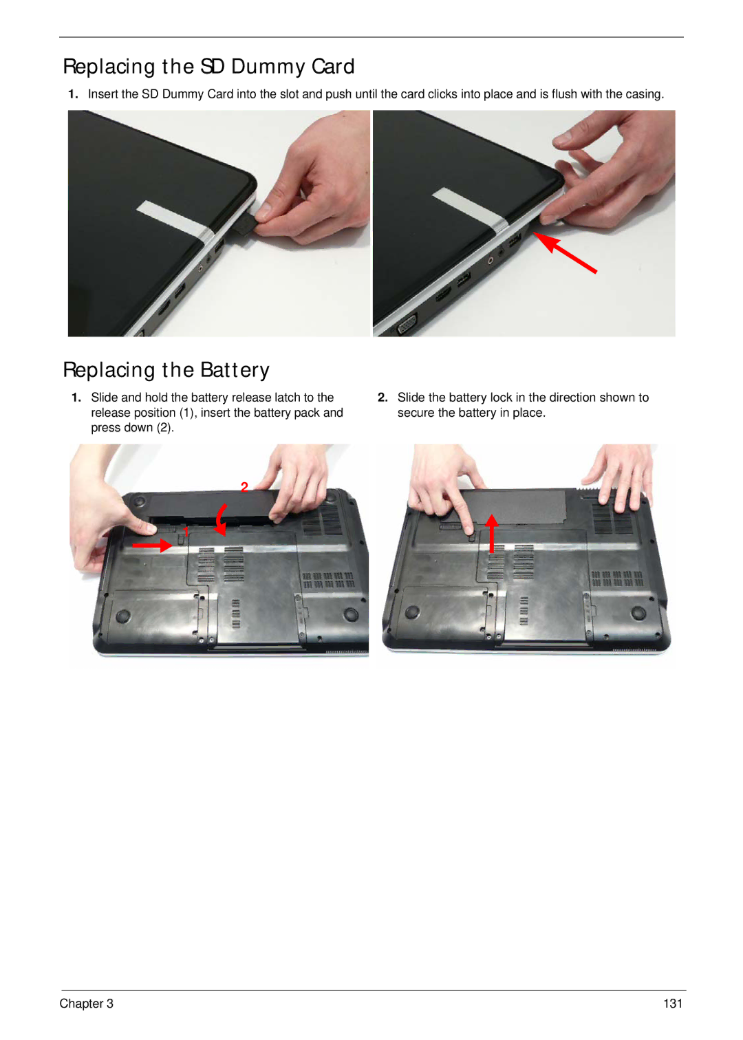 Packard Bell LJ61 manual Replacing the SD Dummy Card, Replacing the Battery 