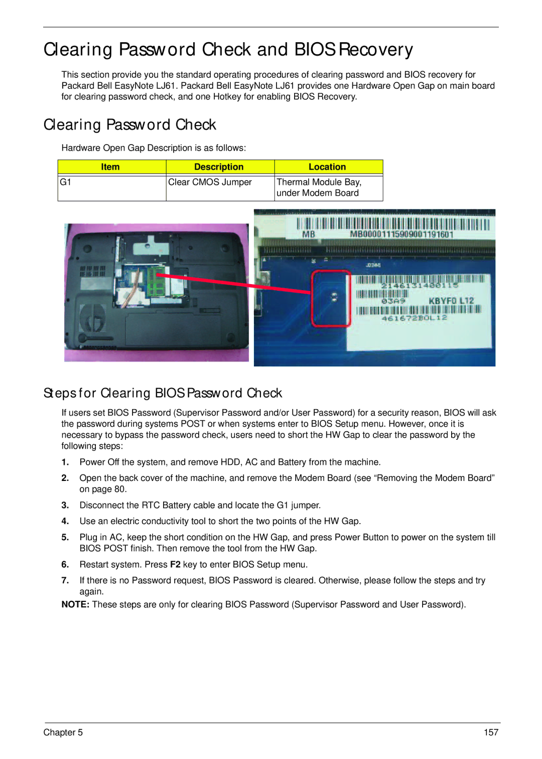 Packard Bell LJ61 Clearing Password Check and Bios Recovery, Steps for Clearing Bios Password Check, Description Location 