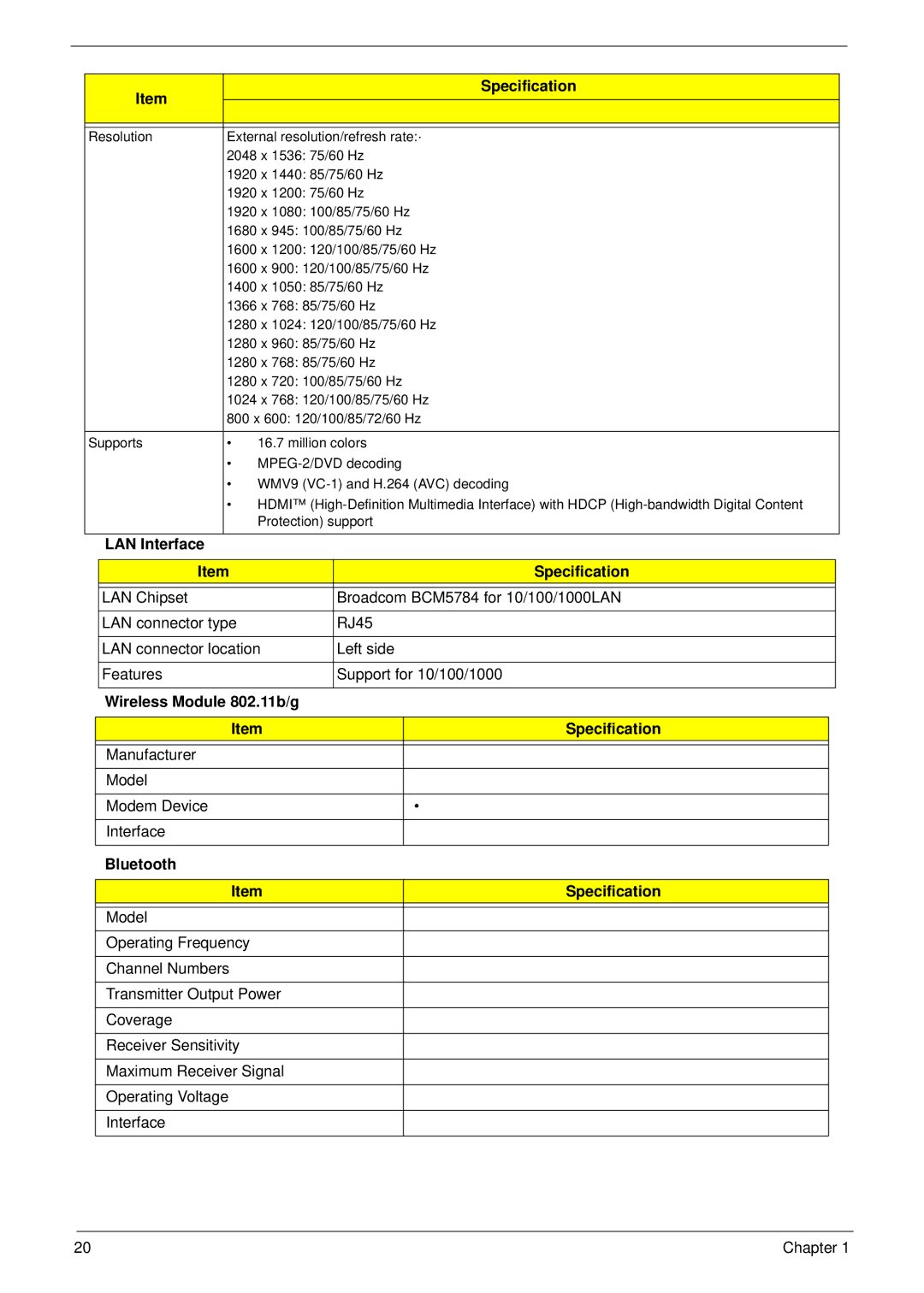 Packard Bell LJ61 manual LAN Interface Specification, Wireless Module 802.11b/g Specification, Bluetooth Specification 