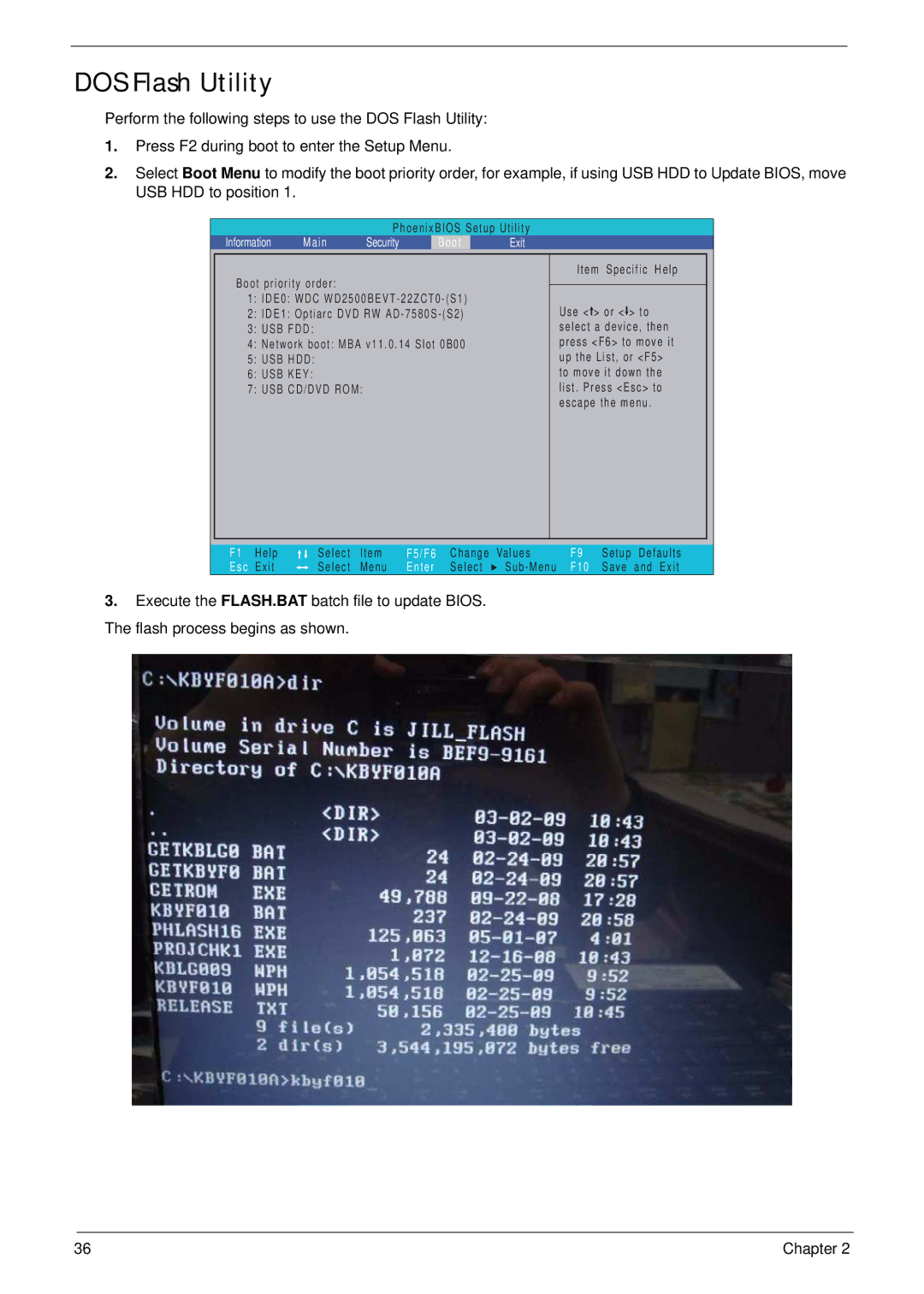 Packard Bell LJ61 manual DOS Flash Utility, Information Main Security Boot Exit 