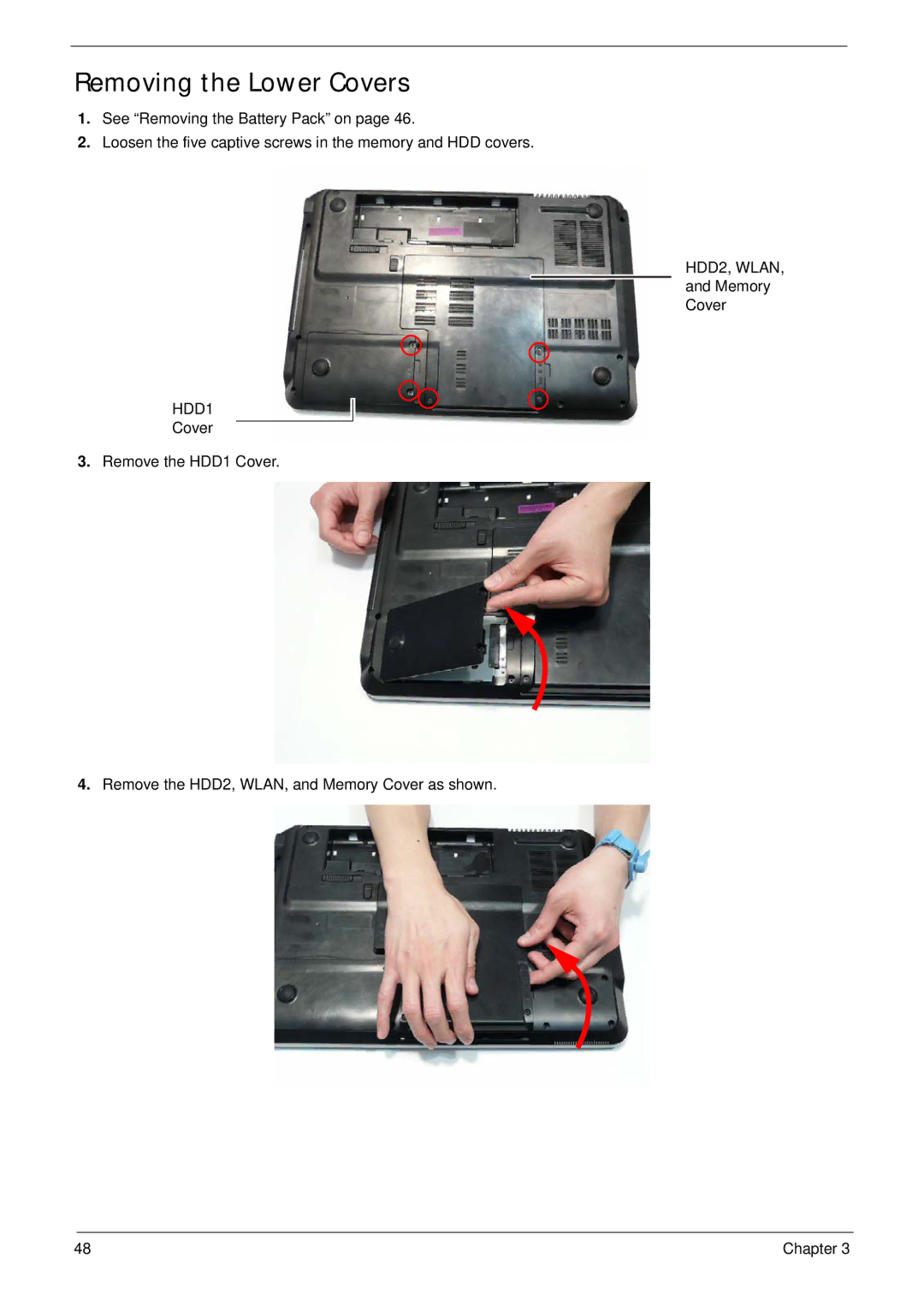 Packard Bell LJ61 manual Removing the Lower Covers, HDD2, Wlan, HDD1 