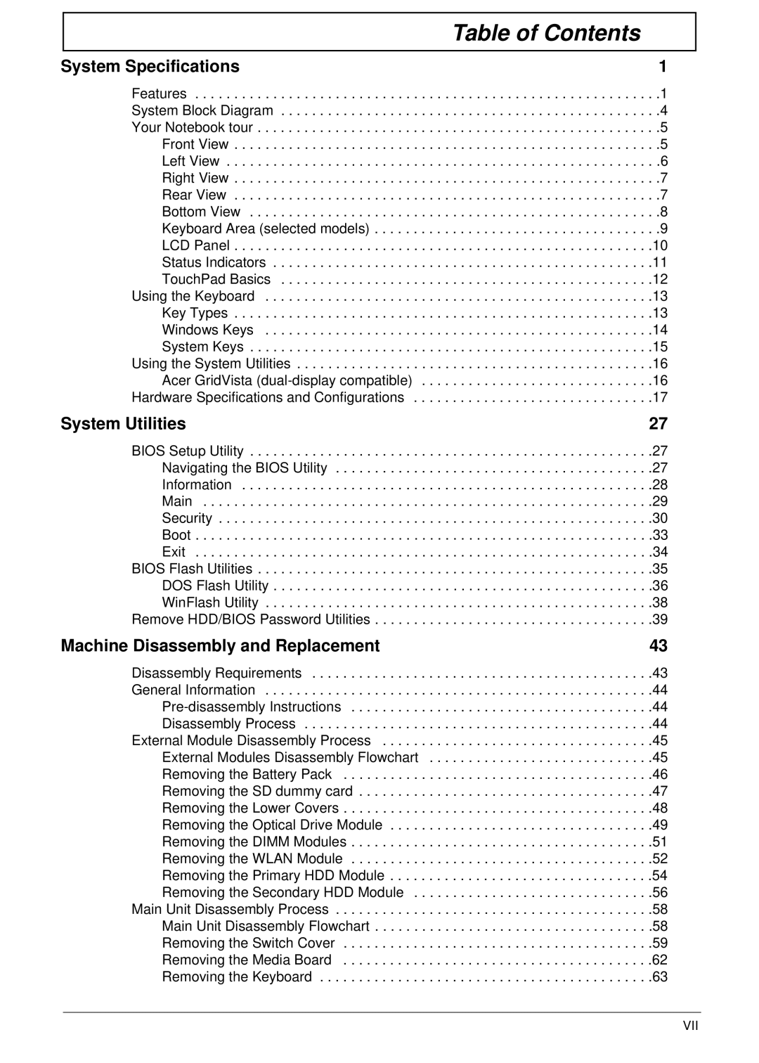 Packard Bell LJ61 manual Table of Contents 