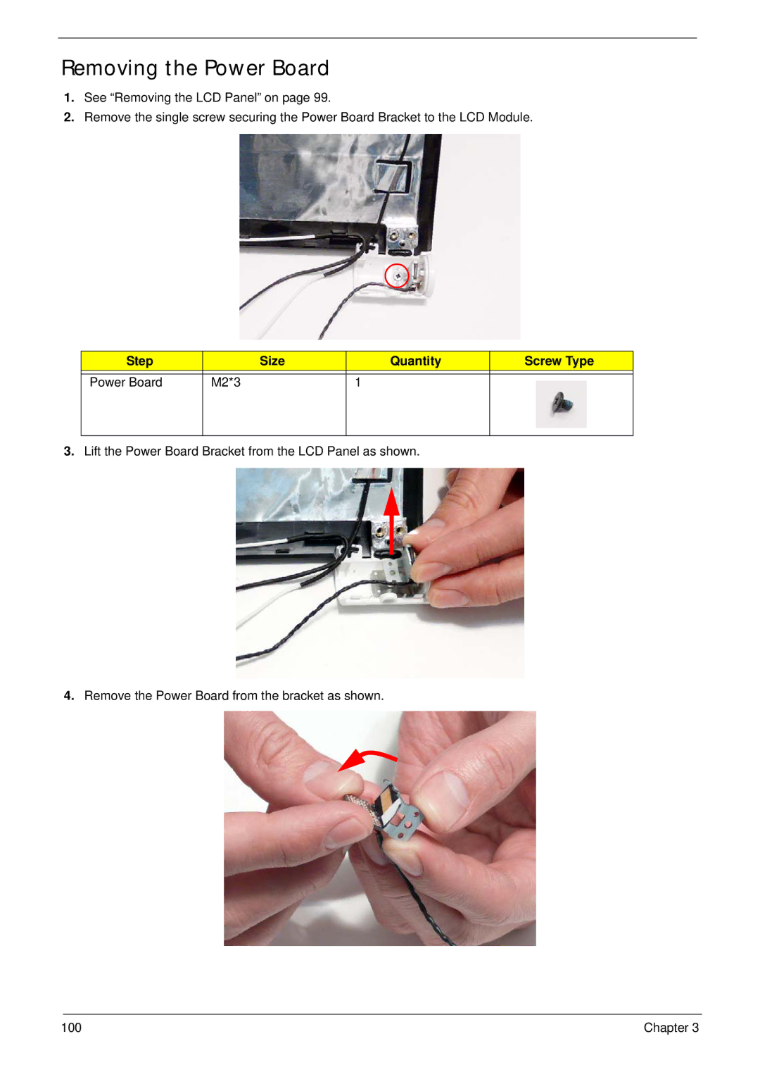 Packard Bell LJ65 manual Removing the Power Board, Step Size Quantity Screw Type Power Board M2*3 